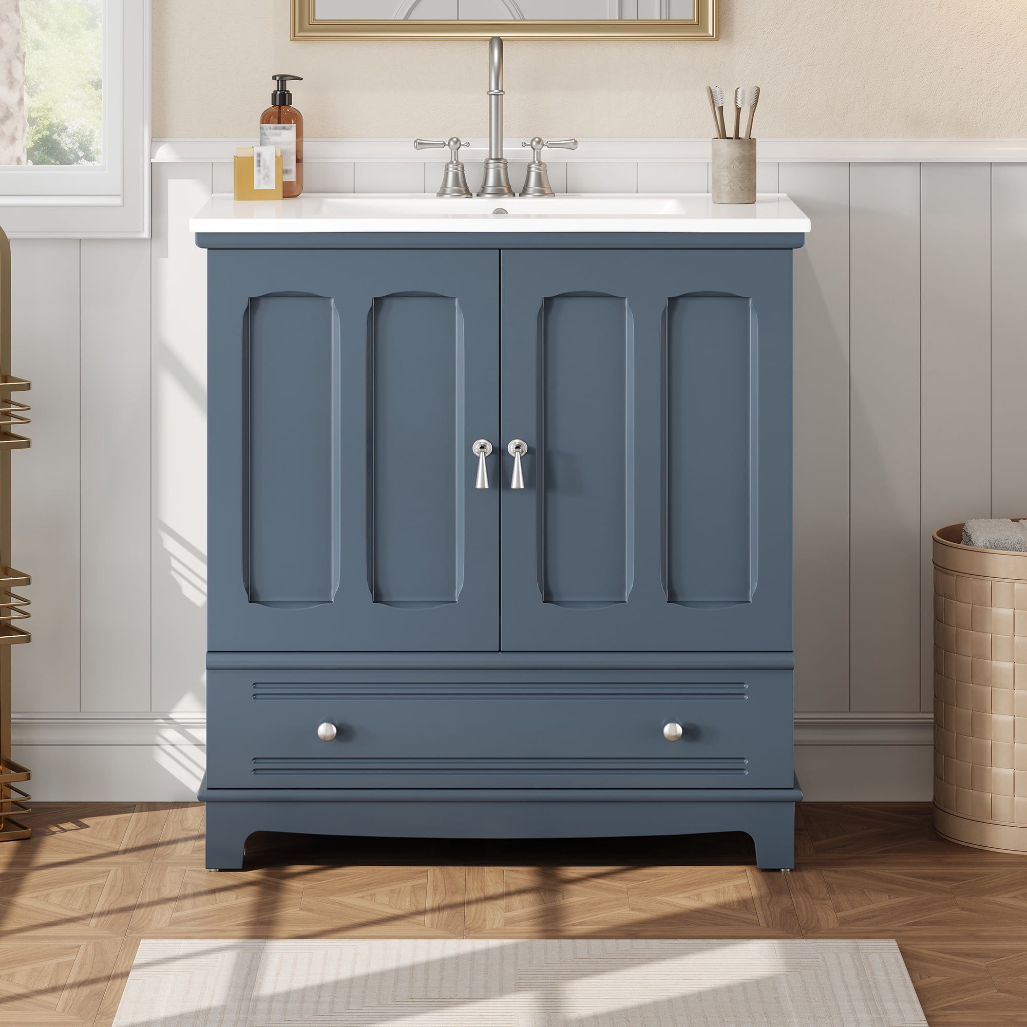 Euroco 30" Bathroom Vanity with Ceramic Sink, Solid Wood Frame Bathroom Sink Cabinet with Adjustable Shelf, Drawer with Divider, Solid Wood Feet
