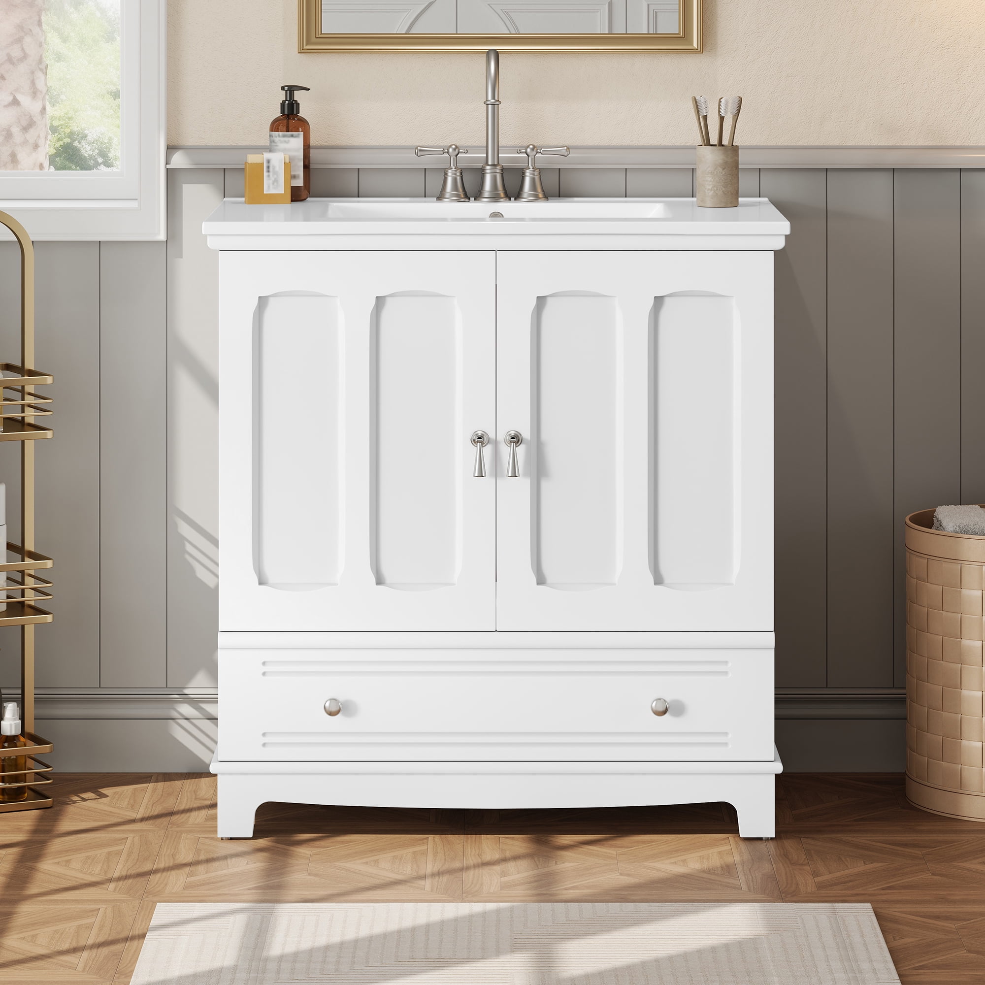 Euroco 30" Bathroom Vanity with Ceramic Sink, Solid Wood Frame Bathroom Sink Cabinet with Adjustable Shelf, Drawer with Divider, Solid Wood Feet