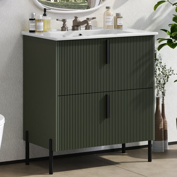 Euroco 30" Bathroom Vanity with Ceramic Sink and Full-Extension Drawers, Soft Close Undermount Drawer Slides, Fluted Design, Green