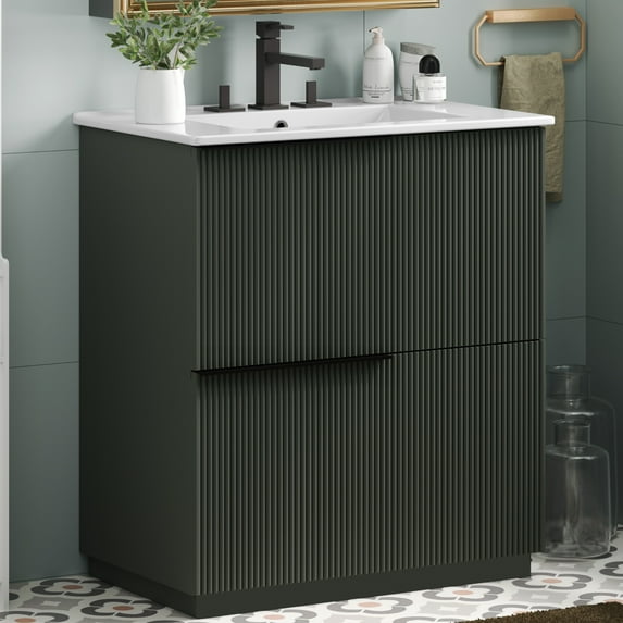 Euroco 30" Bathroom Vanity with Ceramic Sink and Full-Extension Drawers, Soft Close Undermount Drawer Slides, Fluted Design, Green