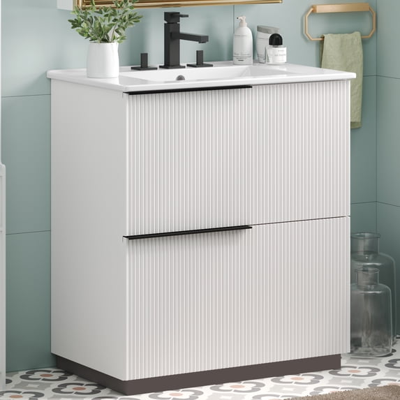 Euroco 30" Bathroom Vanity with Ceramic Sink and Full-Extension Drawers, Soft Close Undermount Drawer Slides, Fluted Design, White