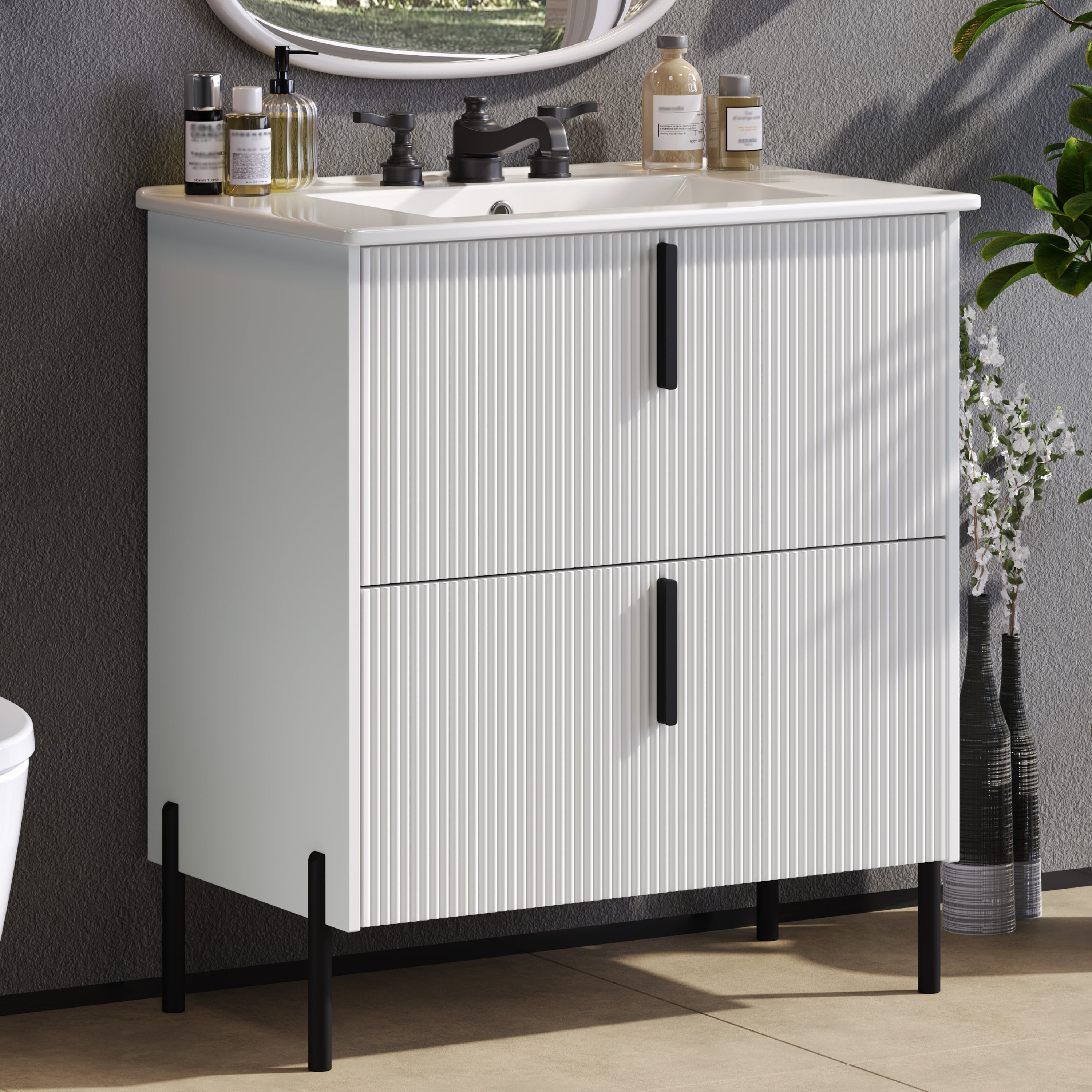 Euroco 30" Bathroom Vanity with Ceramic Sink and Full-Extension Drawers, Soft Close Undermount Drawer Slides, Fluted Design, White