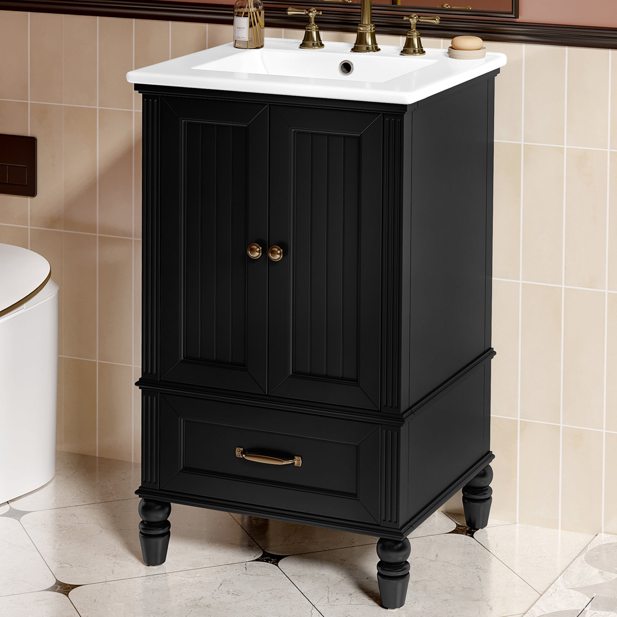 Euroco 30" Bathroom Vanity with Semilune Ceramic Sink, Real Wood & MDF Cabinet with Drawer, 3-Hole Faucet Mount