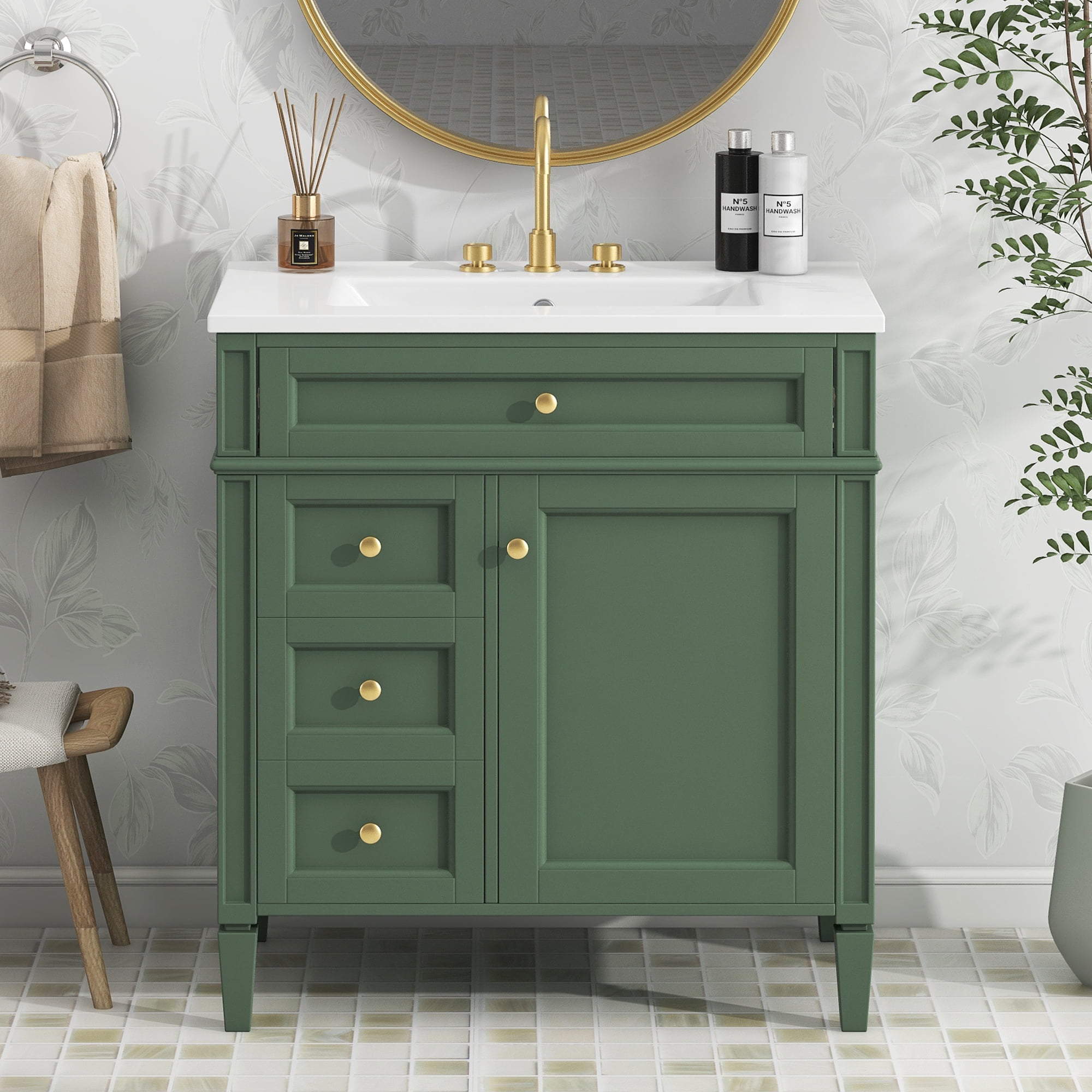 Euroco 30” Bathroom Vanity with Sink, Modern Freestanding Bathroom Cabinet with Tip-Out Drawer, Soft-Close Doors & Shelves, Hidden Storage Organizer
