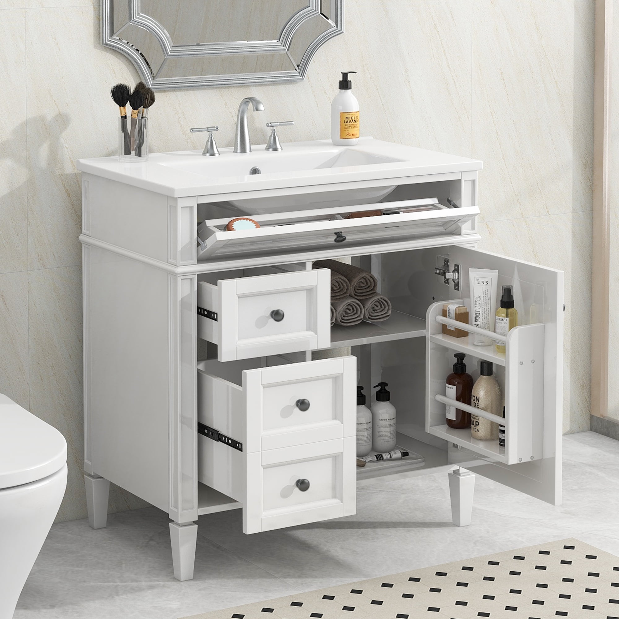 Euroco 30” Bathroom Vanity with Sink, Modern Freestanding Bathroom Cabinet with Tip-Out Drawer, Soft-Close Doors & Shelves, Hidden Storage Organizer