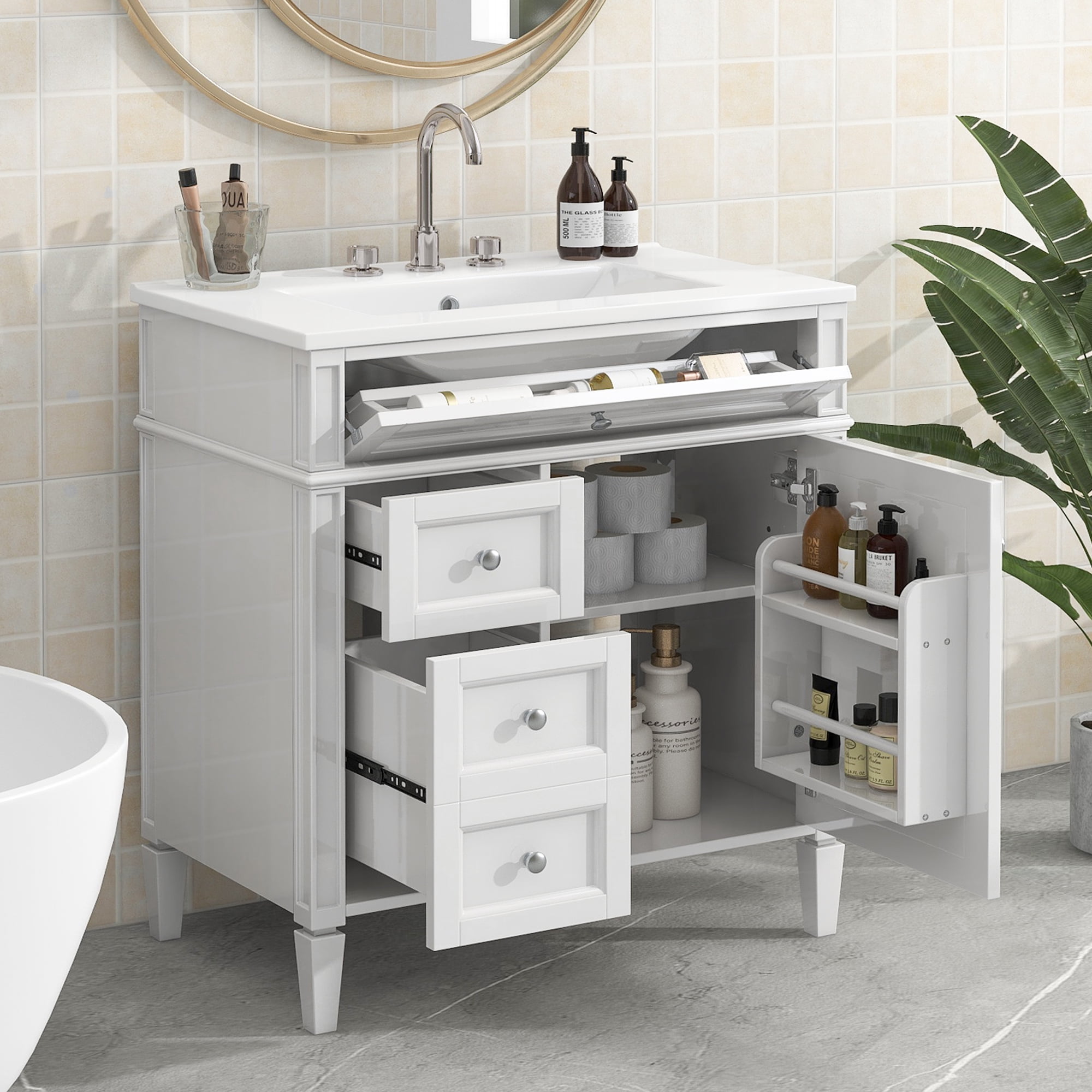Euroco 30” Bathroom Vanity with Sink, Modern Freestanding Bathroom Cabinet with Tip-Out Drawer, Soft-Close Doors & Shelves, Hidden Storage Organizer