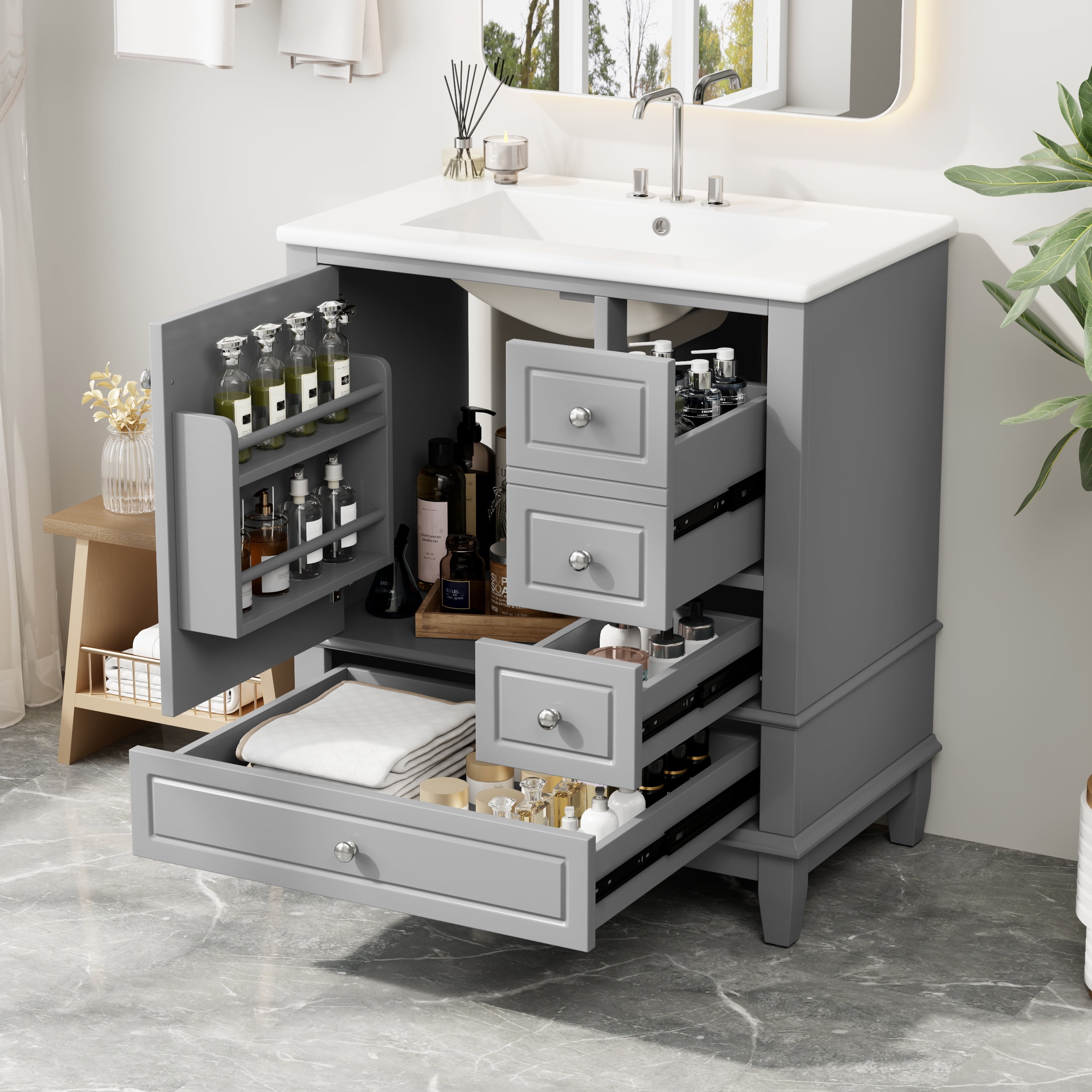 Euroco 30" Bathroom Vanity with Sink, One Door with Shelf and Three Drawers, Soft Close Door, Grey