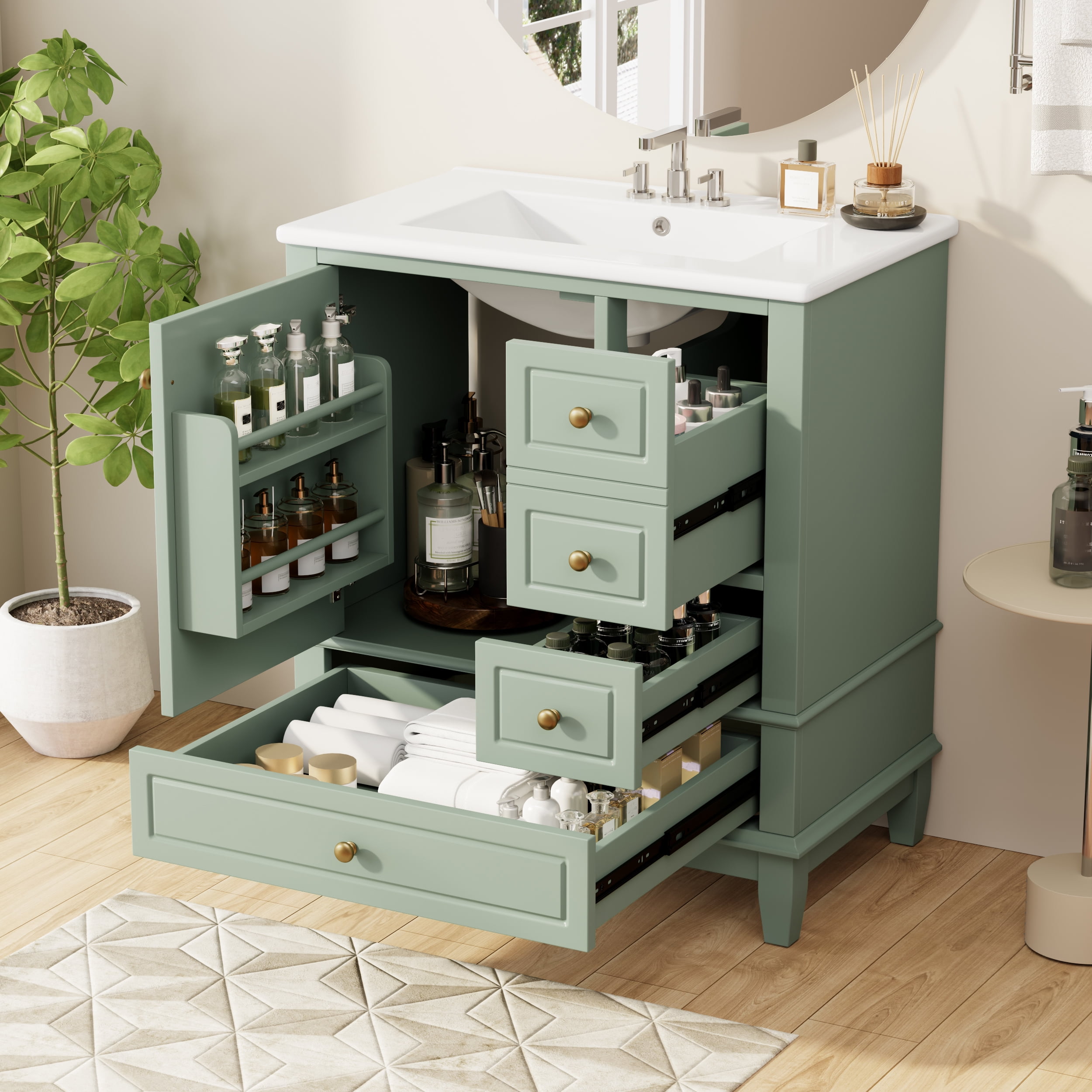 Euroco 30" Bathroom Vanity with Sink, One Door with Shelf and Three Drawers, Soft Close Door, Light Green