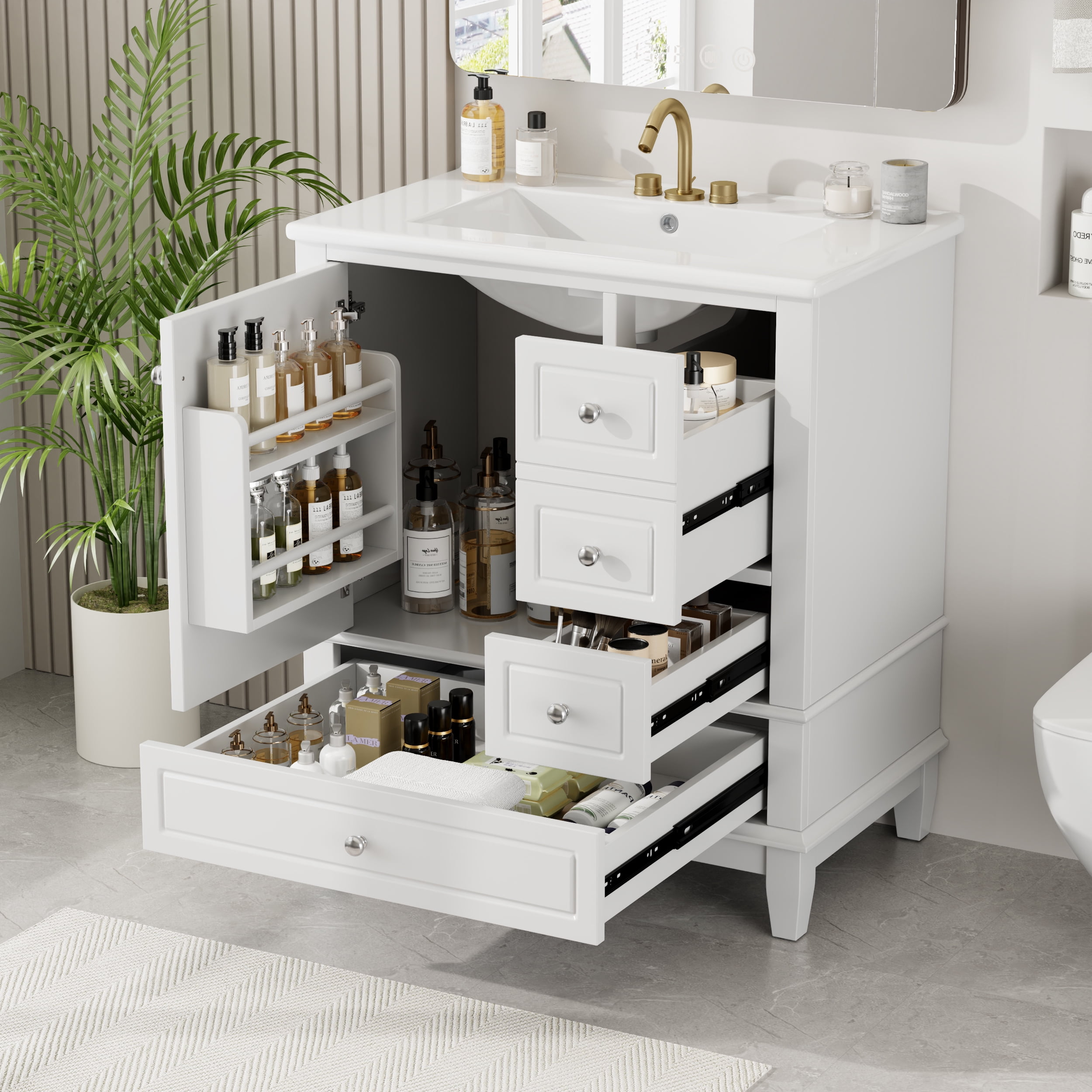 Euroco 30" Bathroom Vanity with Sink, One Door with Shelf and Three Drawers, Soft Close Door