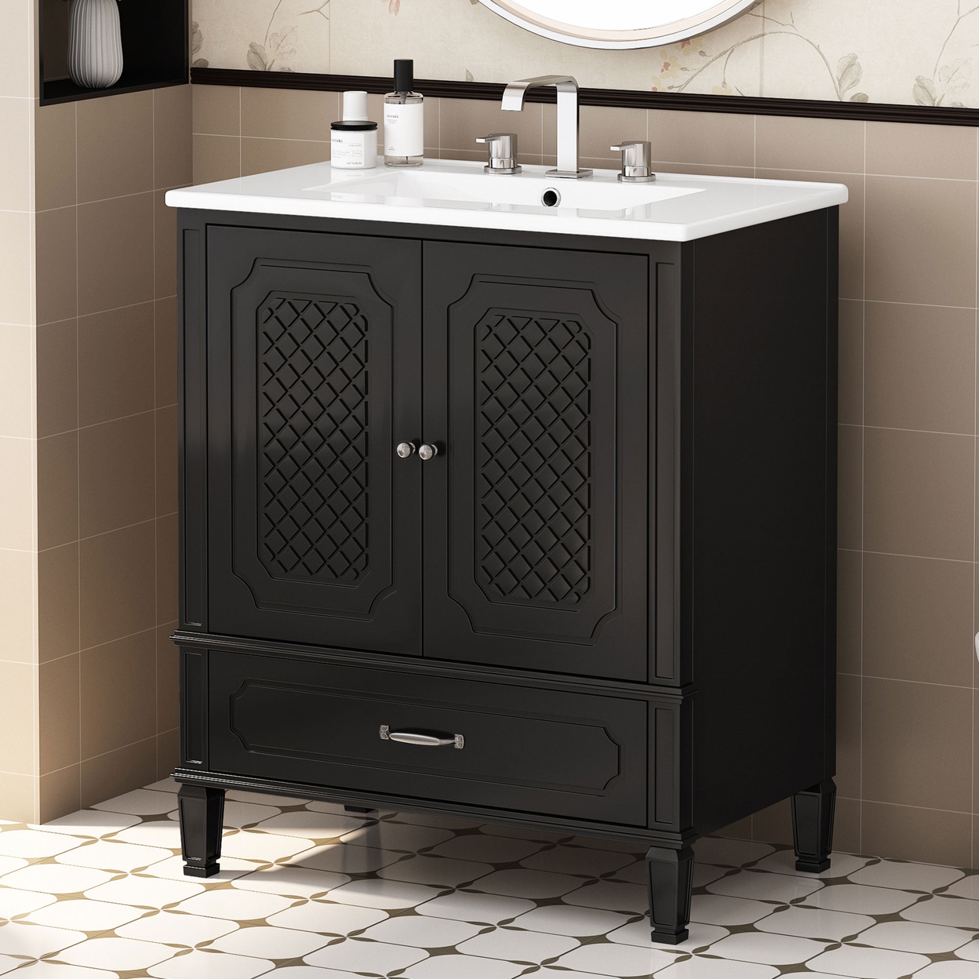 Euroco 30" Bathroom Vanity with Sink Vintage Style, Multi-functional Storage Space, Door Shelf, Soft-closing Door, Black (same sku: N759P218644B)