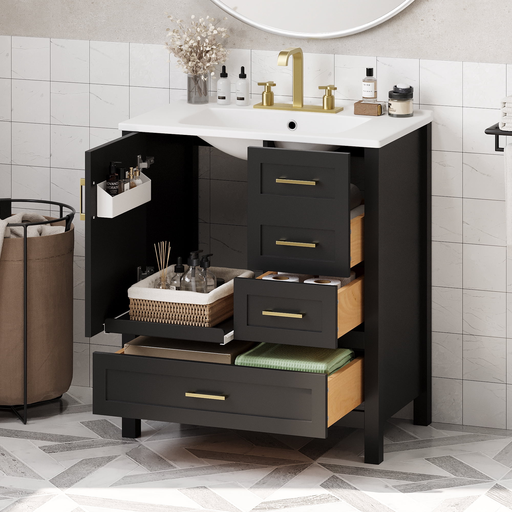 Euroco 30" Black Bathroom Vanity with Sink Combination Set, Bathroom Storage Cabinet with Soft Close Door, 3 Soft Close Drawers and Removable Tray, Solid Wood Frame