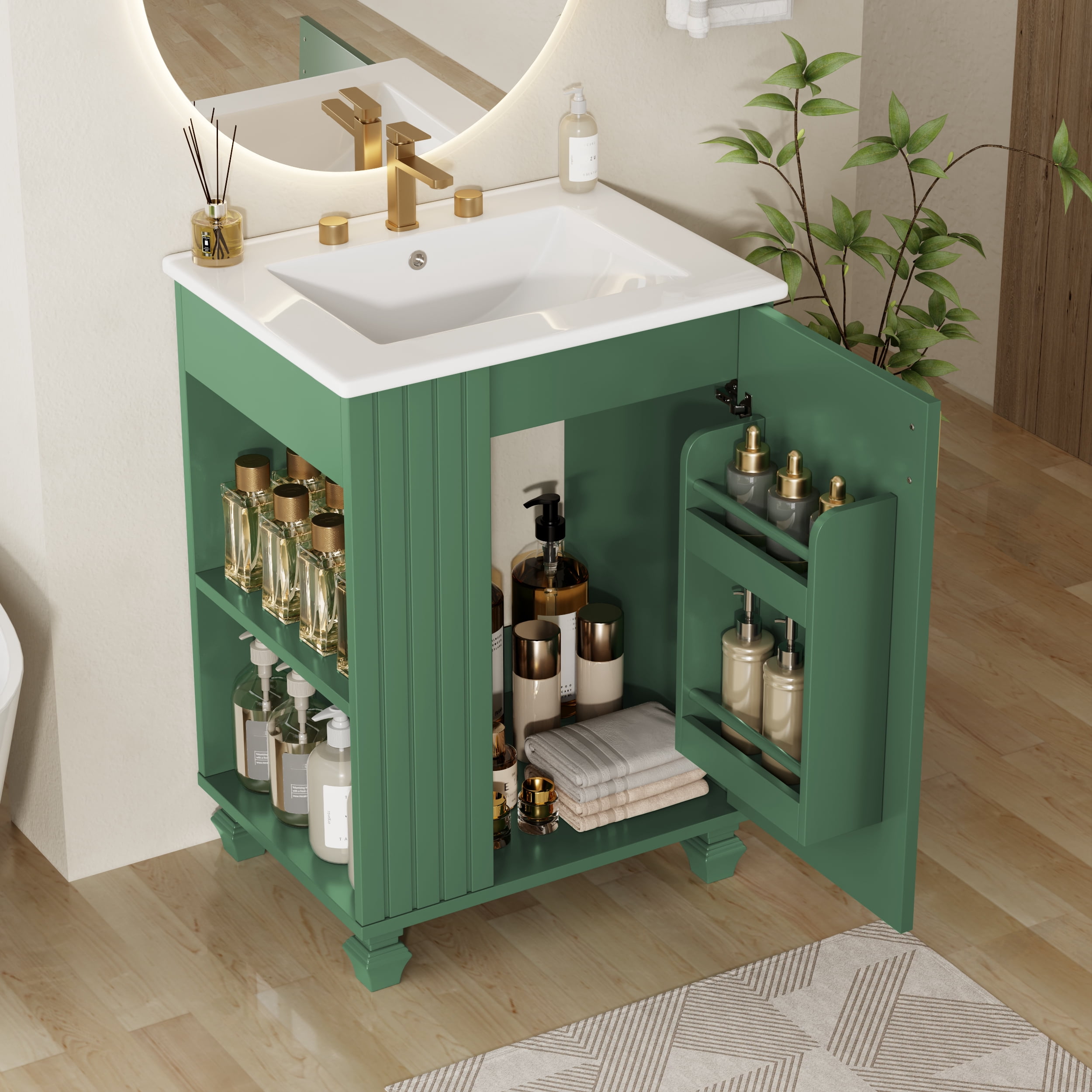 Euroco 30" Freestanding Bathroom Vanity with Ceramic Sink, Solid Pine Wood Frame, Soft-Close Door & Shelves – Modern Storage Cabinet with Open Back for Easy Plumbing (Faucet Not Included)