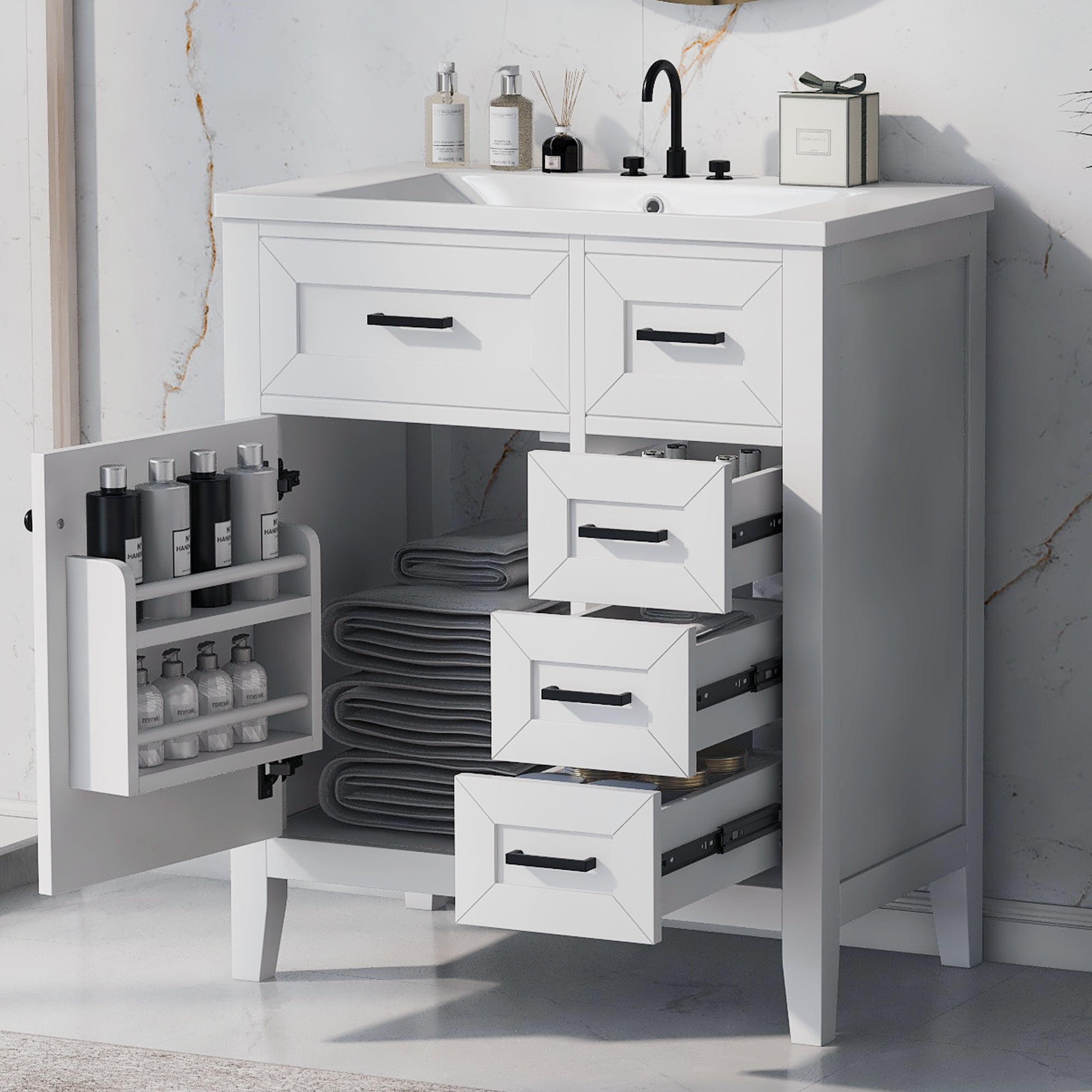 Euroco 30” Green Bathroom Vanity with Sink, Freestanding Bathroom Cabinet with Drawer & Shelf, Solid Wood Frame, Ceramic Basin