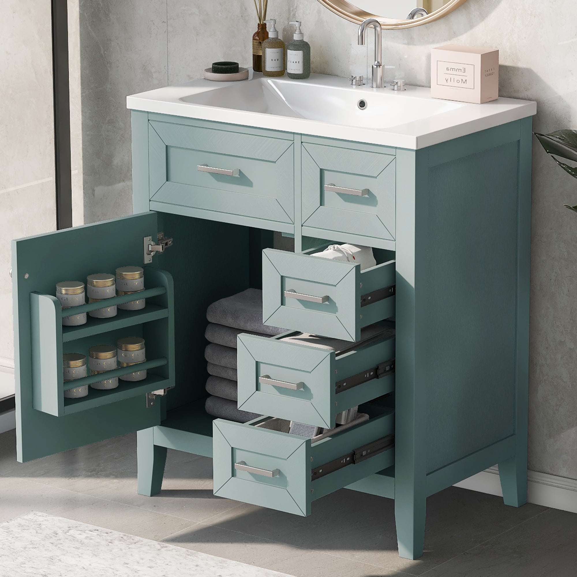 Euroco 30” Green Bathroom Vanity with Sink, Freestanding Bathroom Cabinet with Drawer & Shelf, Solid Wood Frame, Ceramic Basin