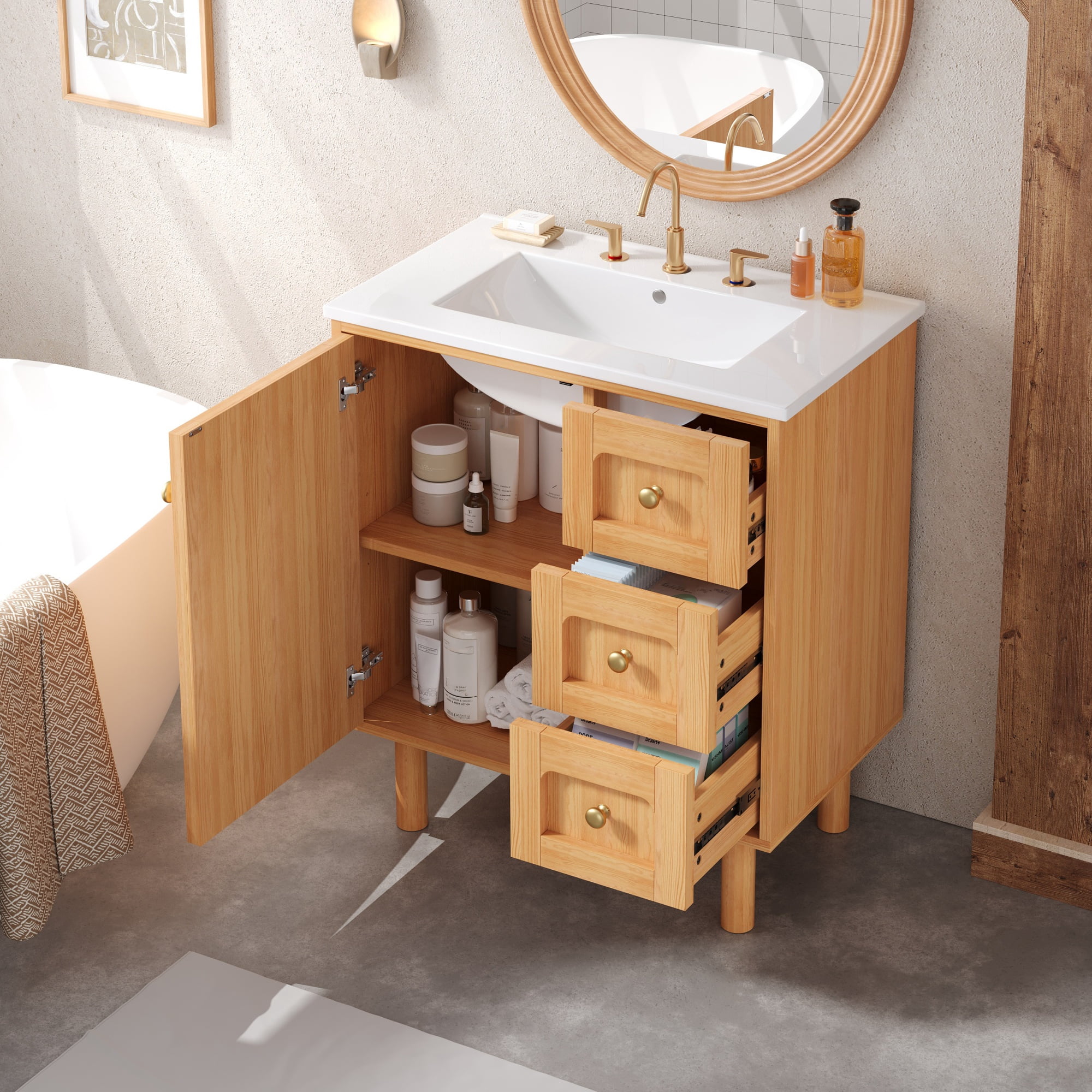 Euroco 30 Inch Bathroom Vanity with Ceramic Sink, Bathroom Vanity with 3 Drawers, 1 large Soft Closing Door, Farmhouse Bathroom Storage Cabinet , Ideal for Home