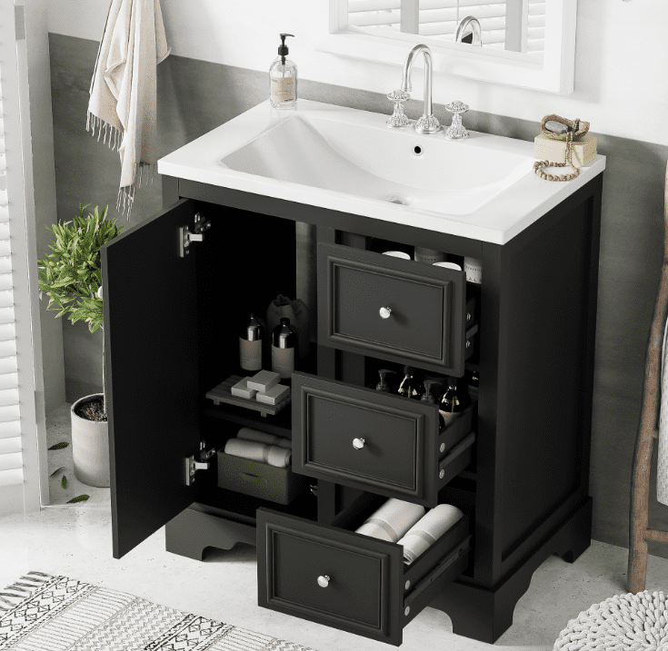 Euroco 30-Inch Bathroom Vanity with Ceramic Sink, 3 Soft-Close Drawers, Adjustable Shelf, Overflow Drain, Solid Wood Frame