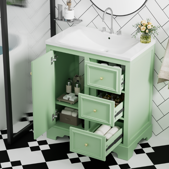 Euroco 30-Inch Bathroom Vanity with Ceramic Sink, 3 Soft-Close Drawers, Adjustable Shelf, Overflow Drain, Solid Wood Frame
