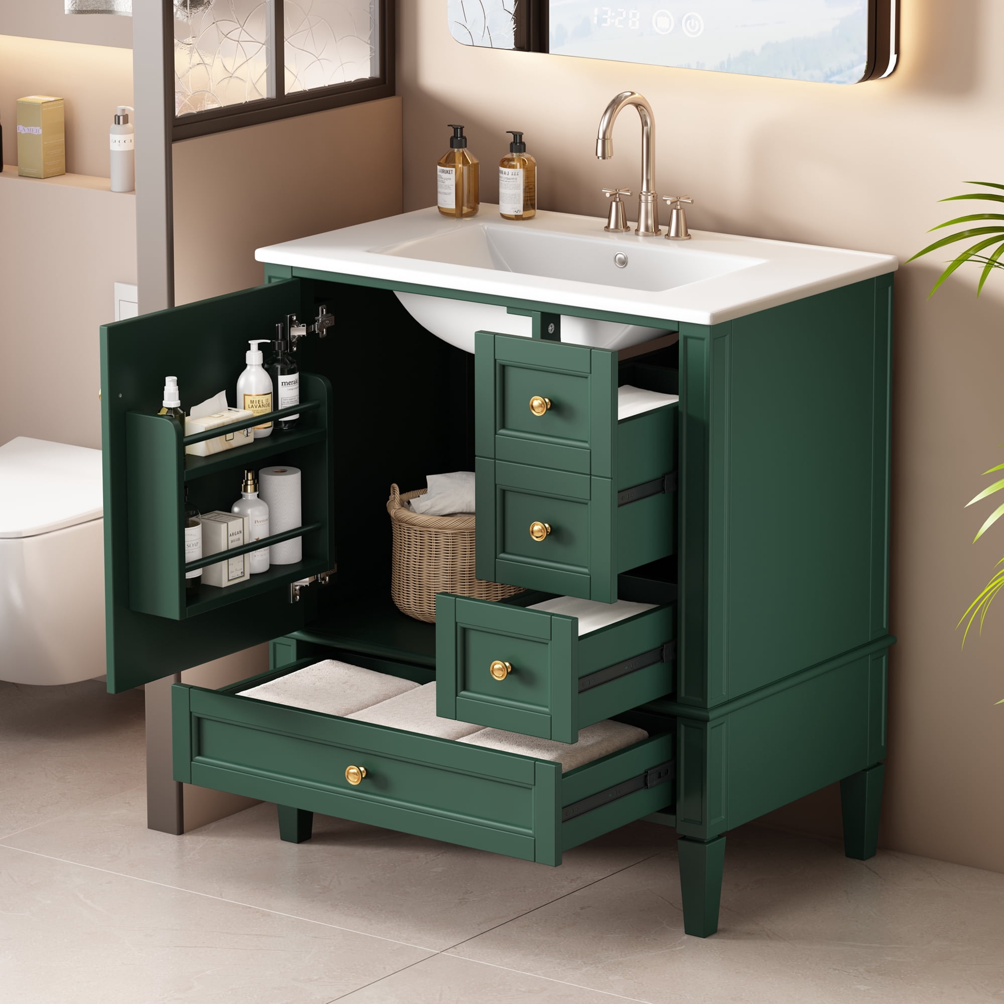 Euroco 30 Inch Bathroom Vanity with Ceramic Sink, Bathroom Vanity with 3 Drawers, Solid Wood Frame Modern Bathroom Storage Cabinet , Ideal for Home