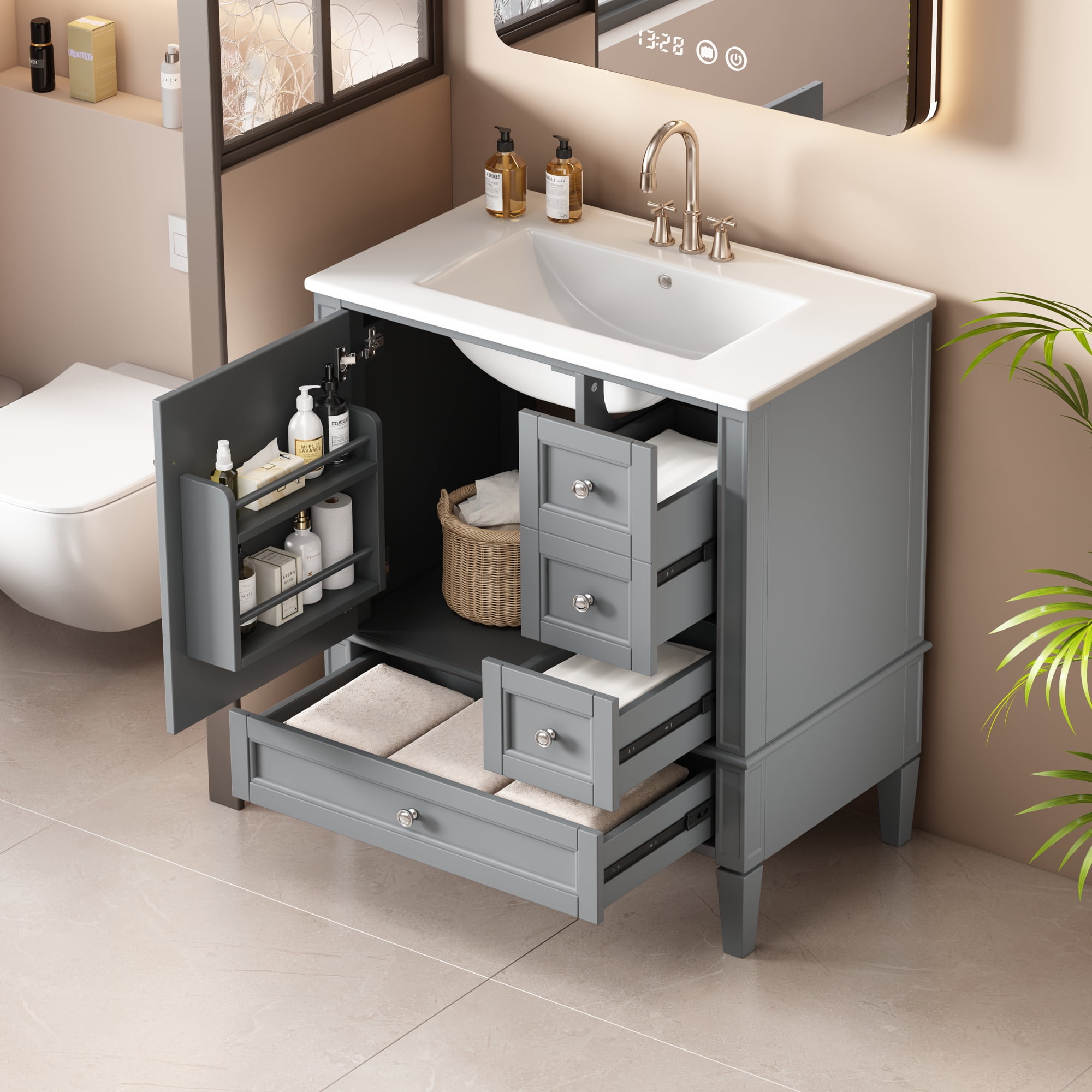 Euroco 30 Inch Bathroom Vanity with Ceramic Sink, Grey Bathroom with 3 Drawers, Solid Wood Frame Modern Bathroom Storage Cabinet , Ideal for Home