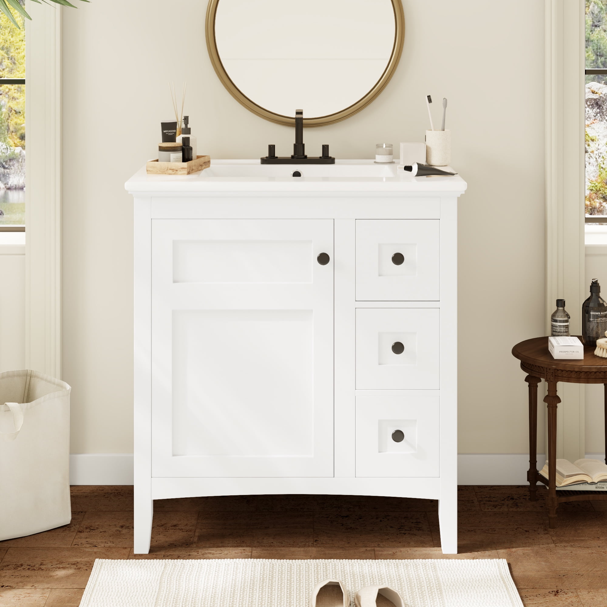 Euroco 30 Inch Bathroom Vanity with Ceramic Sink, White Bathroom with 3 Drawers, Solid Wood Frame Modern Bathroom Storage Cabinet , Ideal for Home