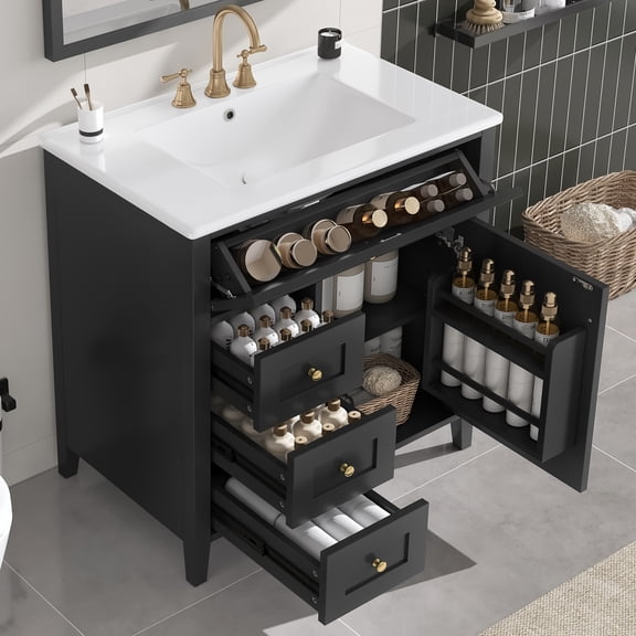 Euroco 30-Inch Black Bathroom Vanity with Sink, Modern MDF and Rubberwood Cabinet with 3 Drawers and Adjustable Shelf, Freestanding Vanity for Bathroom Storage and Organization