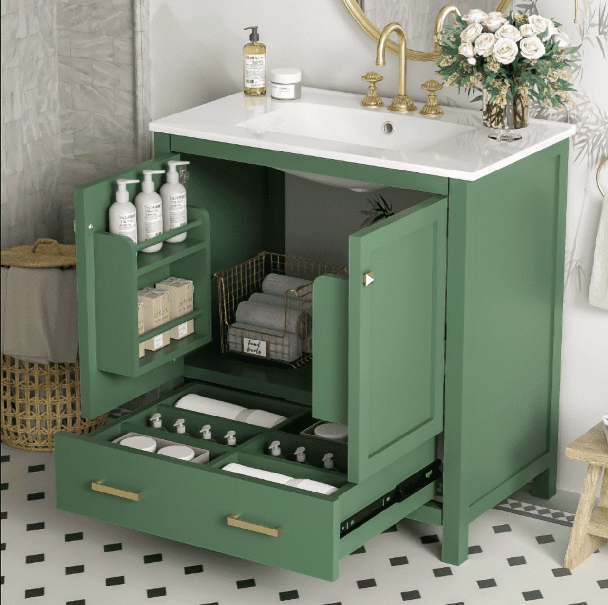 Euroco 30 Inch Green Bathroom Vanity with Single Sink, Combination Under Counter Sink, Bathroom Storage Cabinet with 2 Doors and a Drawer, Soft Closure, Multifunctional Storage