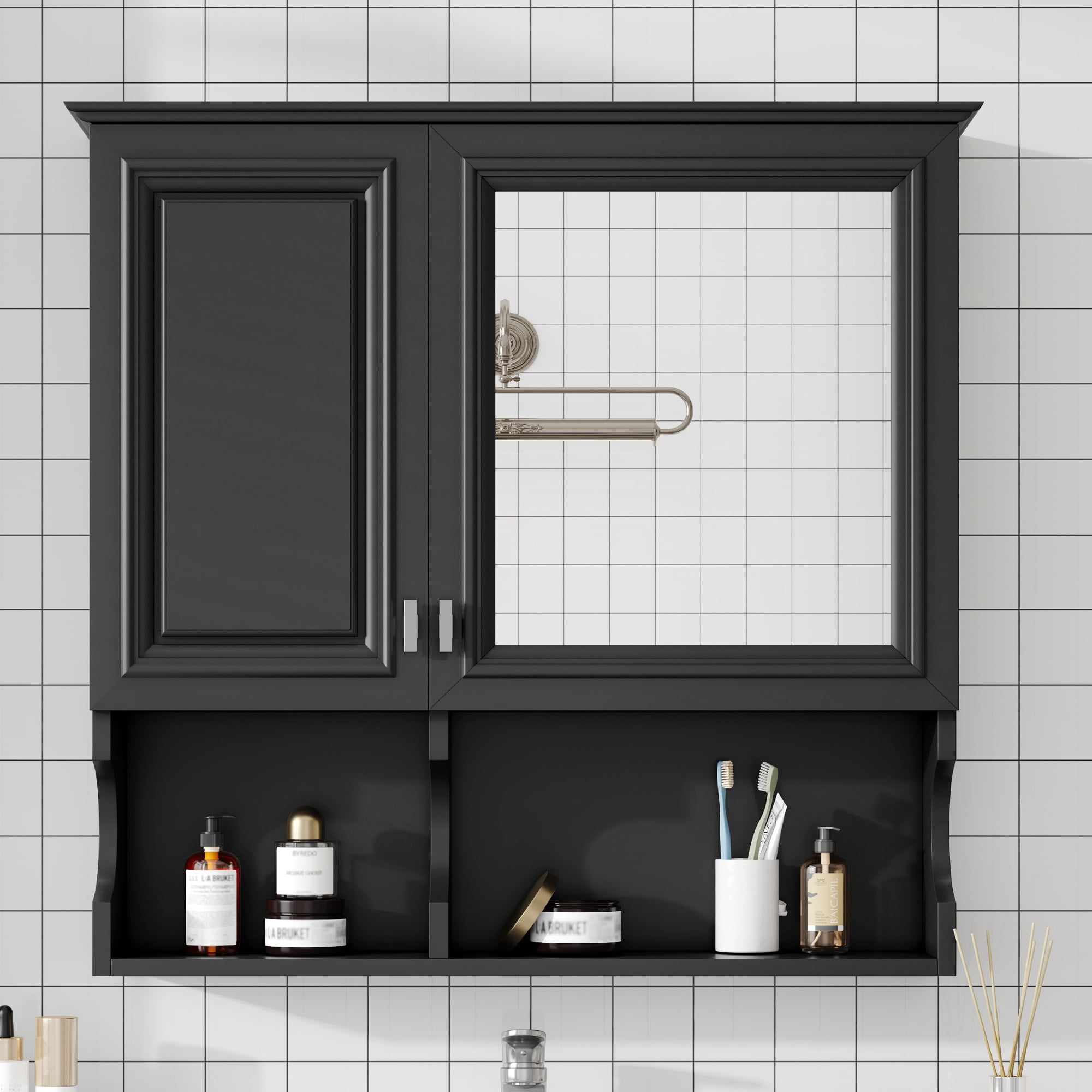 Euroco 30 Inch Mirror Medicine Cabinet with Open Shelves, Wall Mounted Home Storage with Doors & Mirror, Adjustable Shelf, Bathroom Storage Cabinet over Toilet