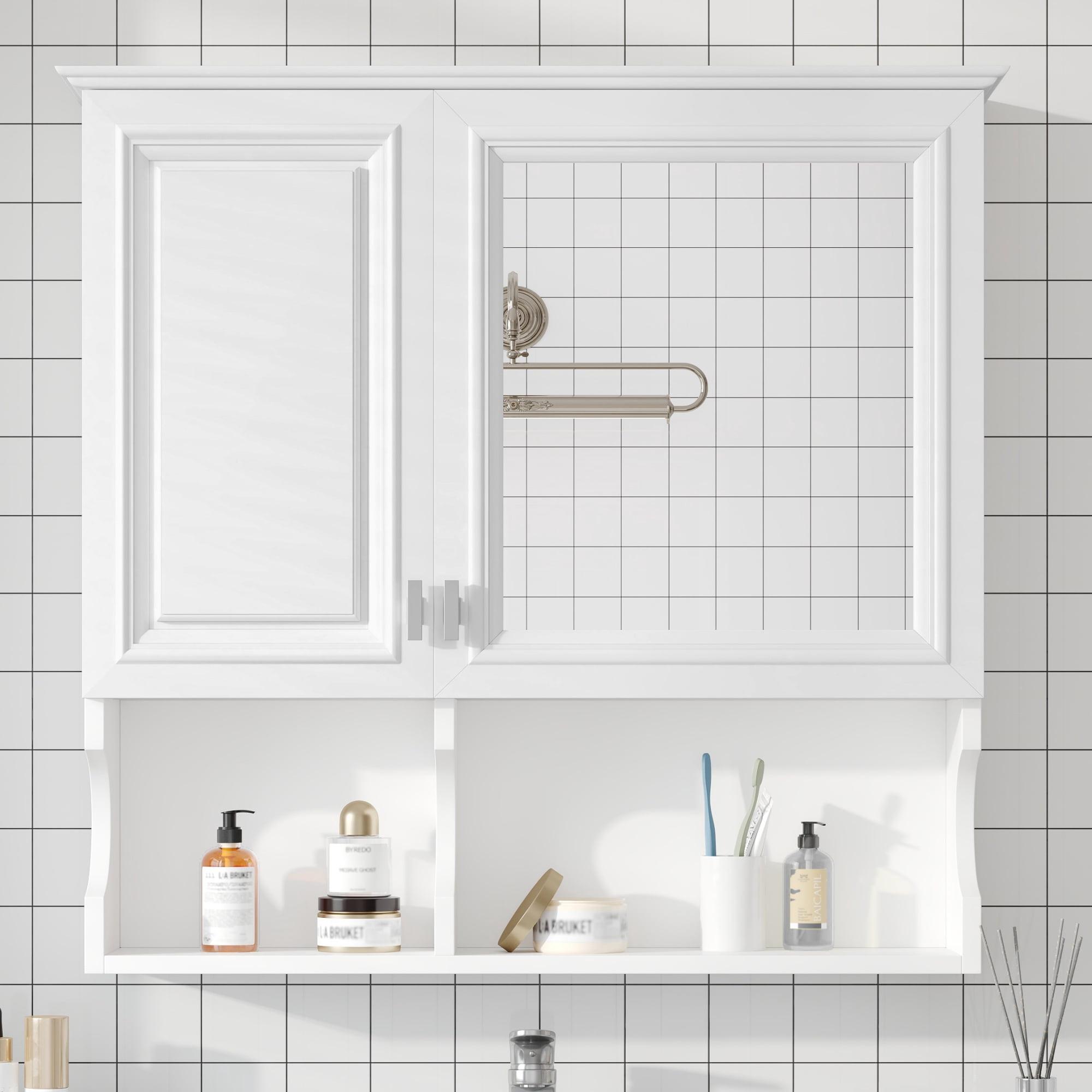Euroco 30 Inch Mirror Medicine Cabinet with Open Shelves, Wall Mounted Home Storage with Doors & Mirror, Adjustable Shelf, Bathroom Storage Cabinet over Toilet