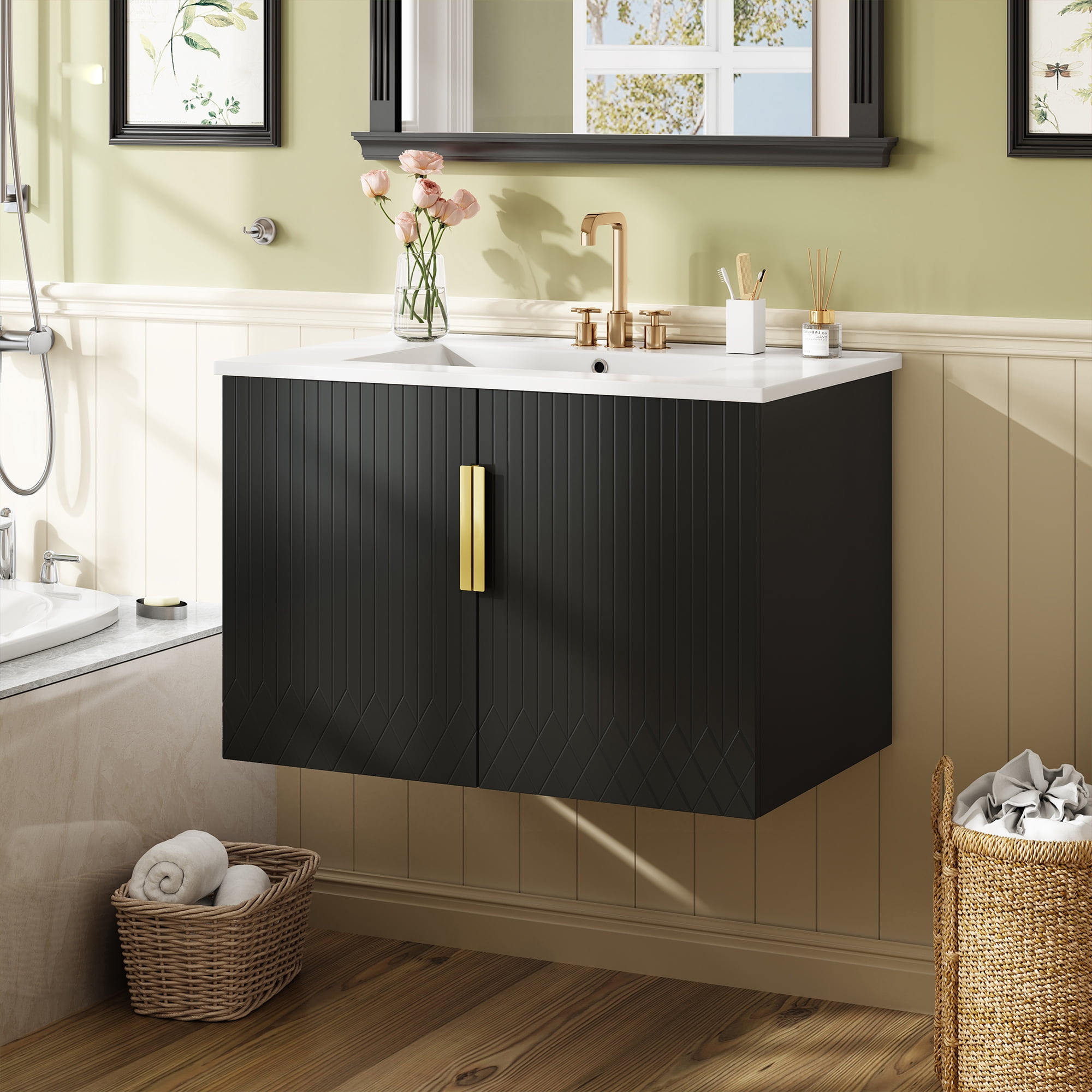 Euroco 30-Inch Wall-Mounted Bathroom Vanity with Glossy Ceramic Sink, Dual Soft-Close Doors, and Adjustable Shelf,