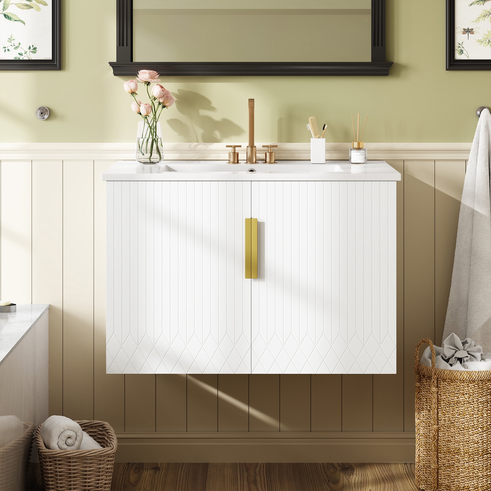 Euroco 30-Inch Wall-Mounted Bathroom Vanity with Glossy Ceramic Sink, Dual Soft-Close Doors, and Adjustable Shelf,
