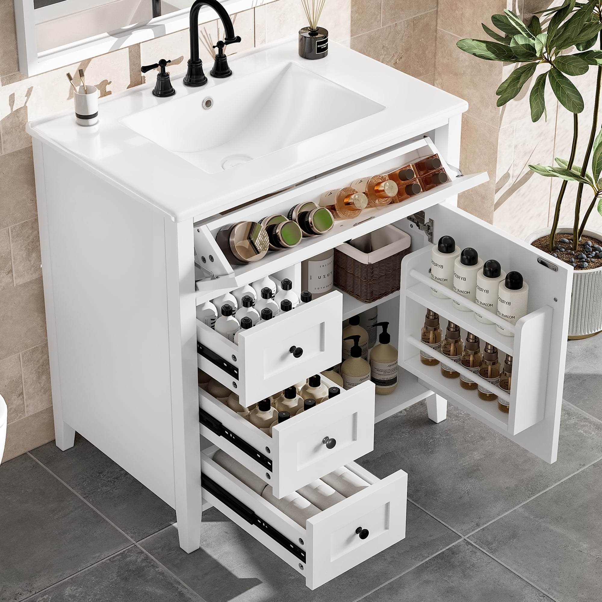 Euroco 30-Inch White Bathroom Vanity with Sink, Modern MDF and Rubberwood Cabinet with 3 Drawers and Adjustable Shelf, Freestanding Vanity for Bathroom Storage and Organization