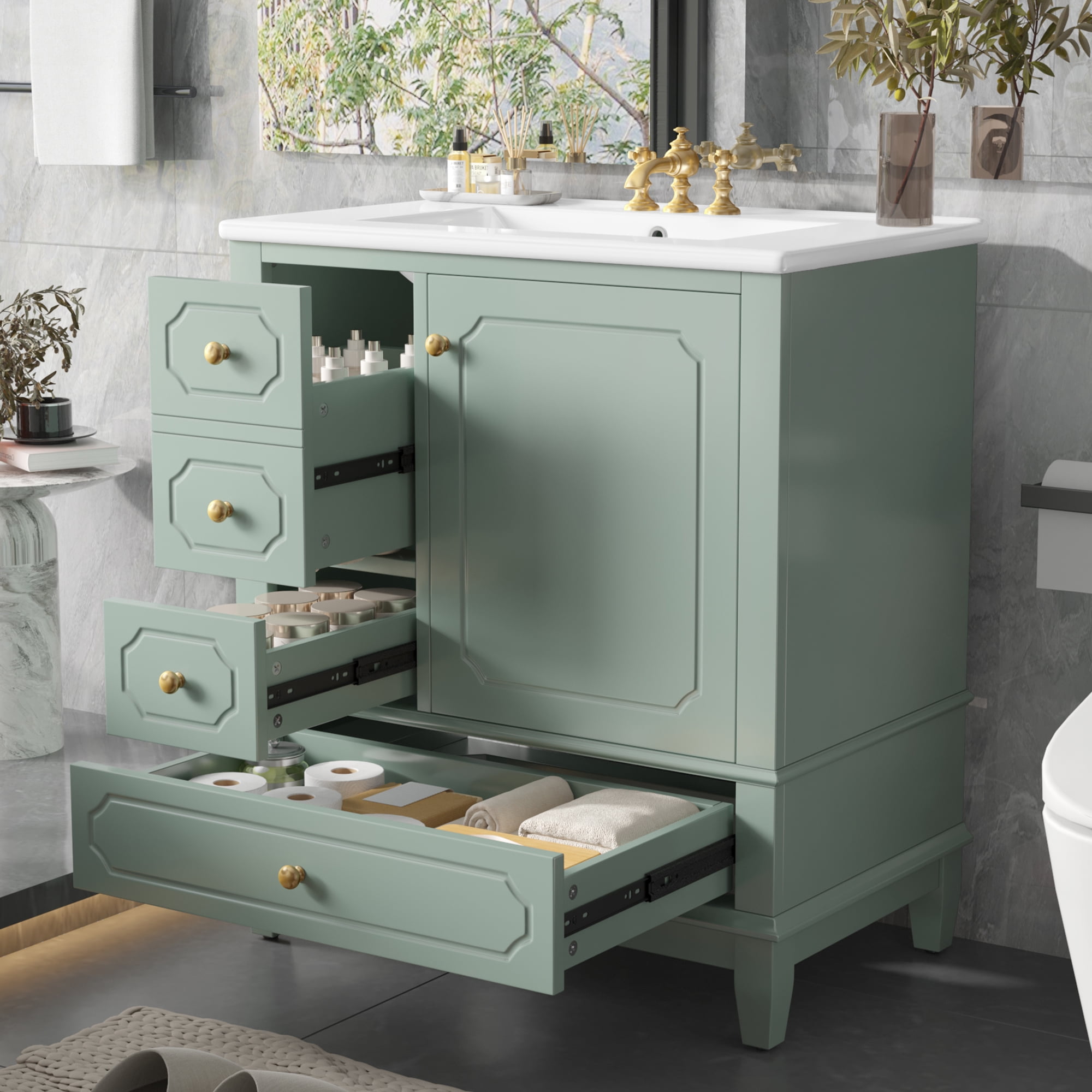 Euroco 30'' Light Bathroom Vanity with Ceramic Sink, Solid Wood Frame, Soft Close Doors & Drawers, Freestanding Bathroom Cabinet for Small Spaces