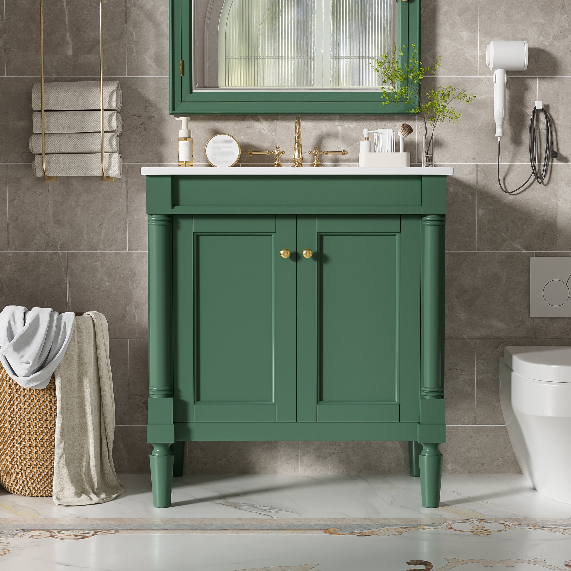 Euroco 30" Luxurious Bathroom Vanity Cabinet with Ceramic Sink Basin, 30-Inch, Storage Cabinet with Soft Close Doors and Solid Wood Legs