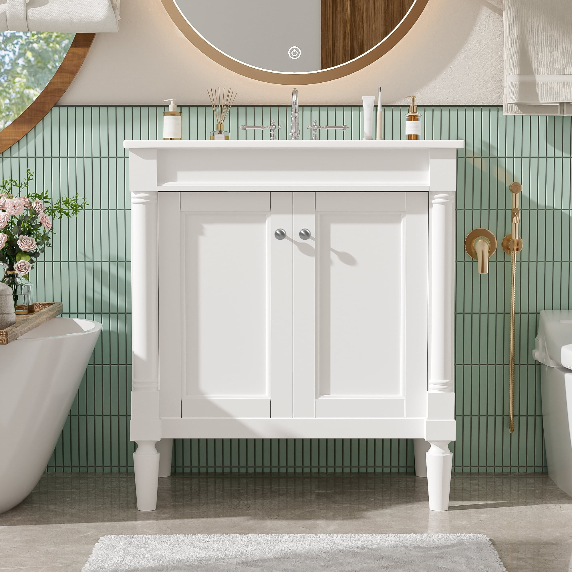 Euroco 30" Luxurious Bathroom Vanity Cabinet with Ceramic Sink Basin, 30-Inch, Storage Cabinet with Soft Close Doors and Solid Wood Legs