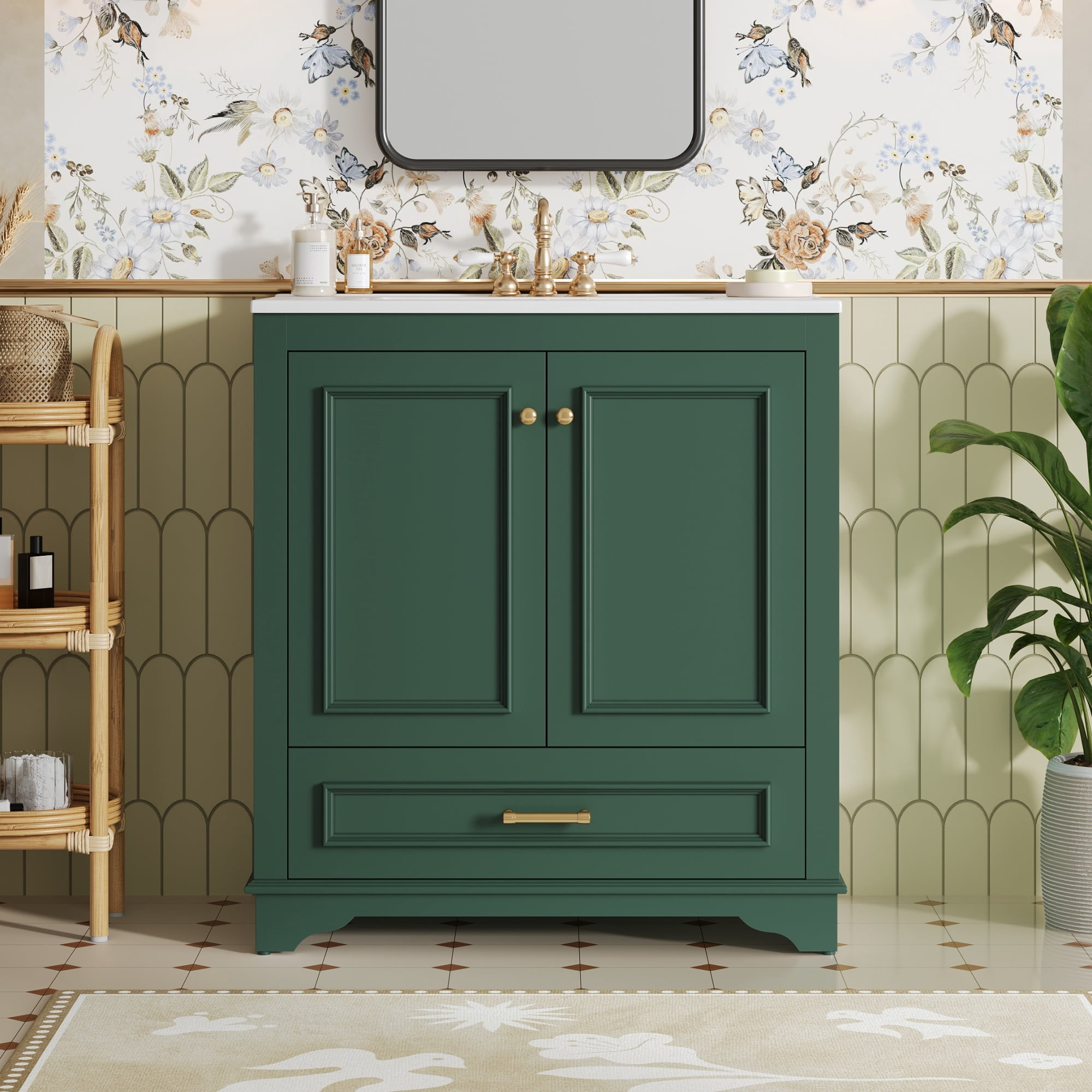 Euroco 30" Luxurious Bathroom Vanity with Ceramic Sink, Bathroom Vanities Cabinet with 2 large Soft Closing Doors, Solid Wood Frame Bathroom Storage Cabinet