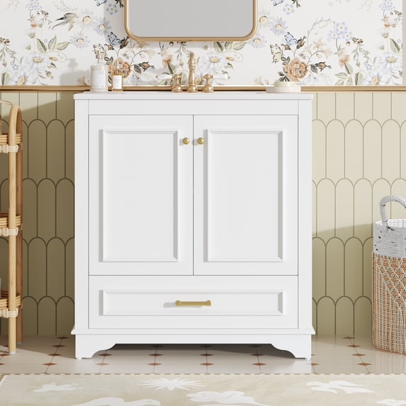 Euroco 30" Luxurious Bathroom Vanity with Ceramic Sink, Bathroom Vanities Cabinet with 2 large Soft Closing Doors, Solid Wood Frame Bathroom Storage Cabinet