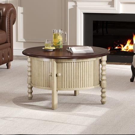 Euroco 30" Mid-Century Modern Round Coffee Table with Sliding Door Hidden Storage, Slatted Design, Space-Saving Living Room Accent Table