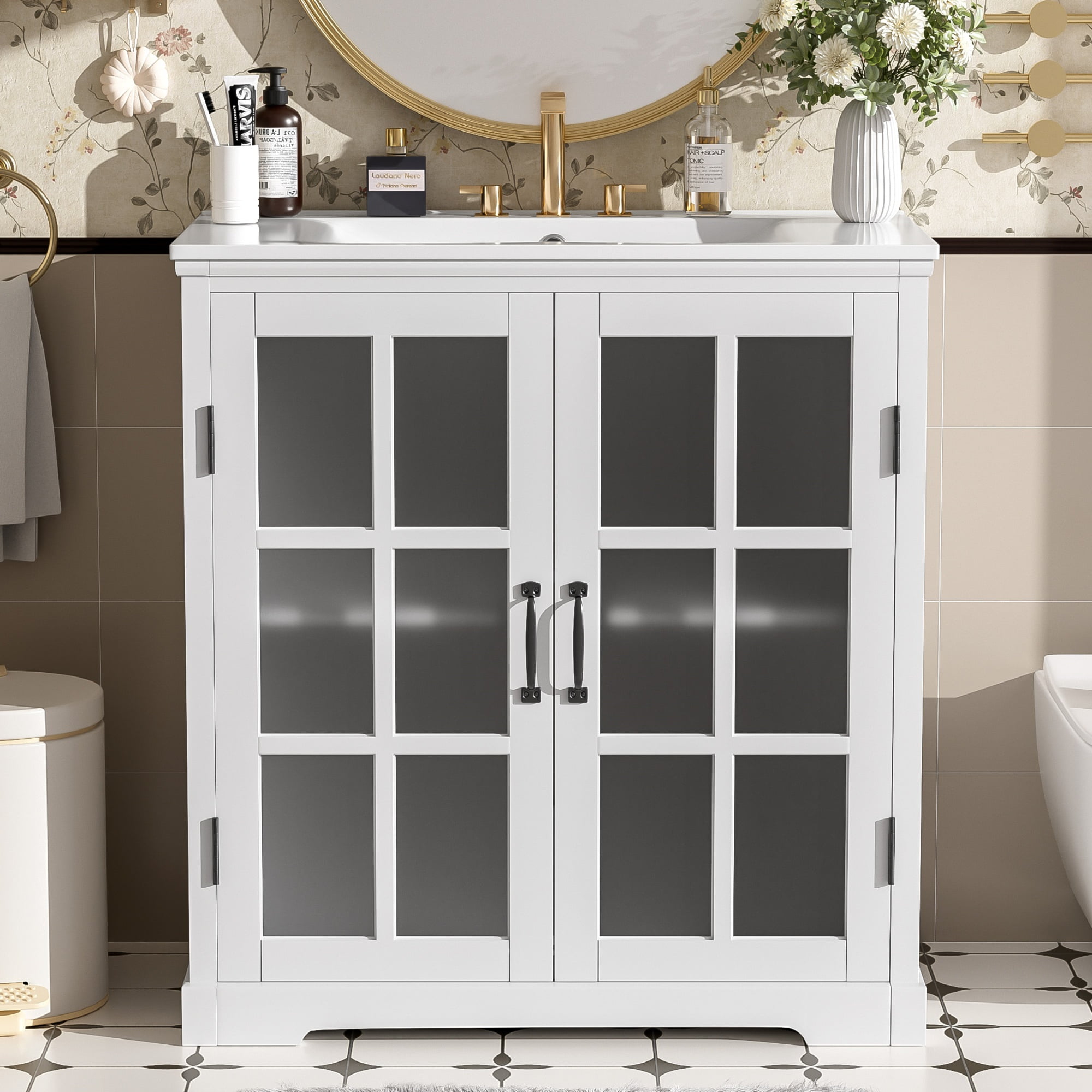 Euroco 30" Modern Bathroom Vanity with Ceramic Sink, Tempered Blurred Glass Doors, Adjustable Shelf & Matte Hardware – Rubber Wood Frame, Widespread Faucet Compatible
