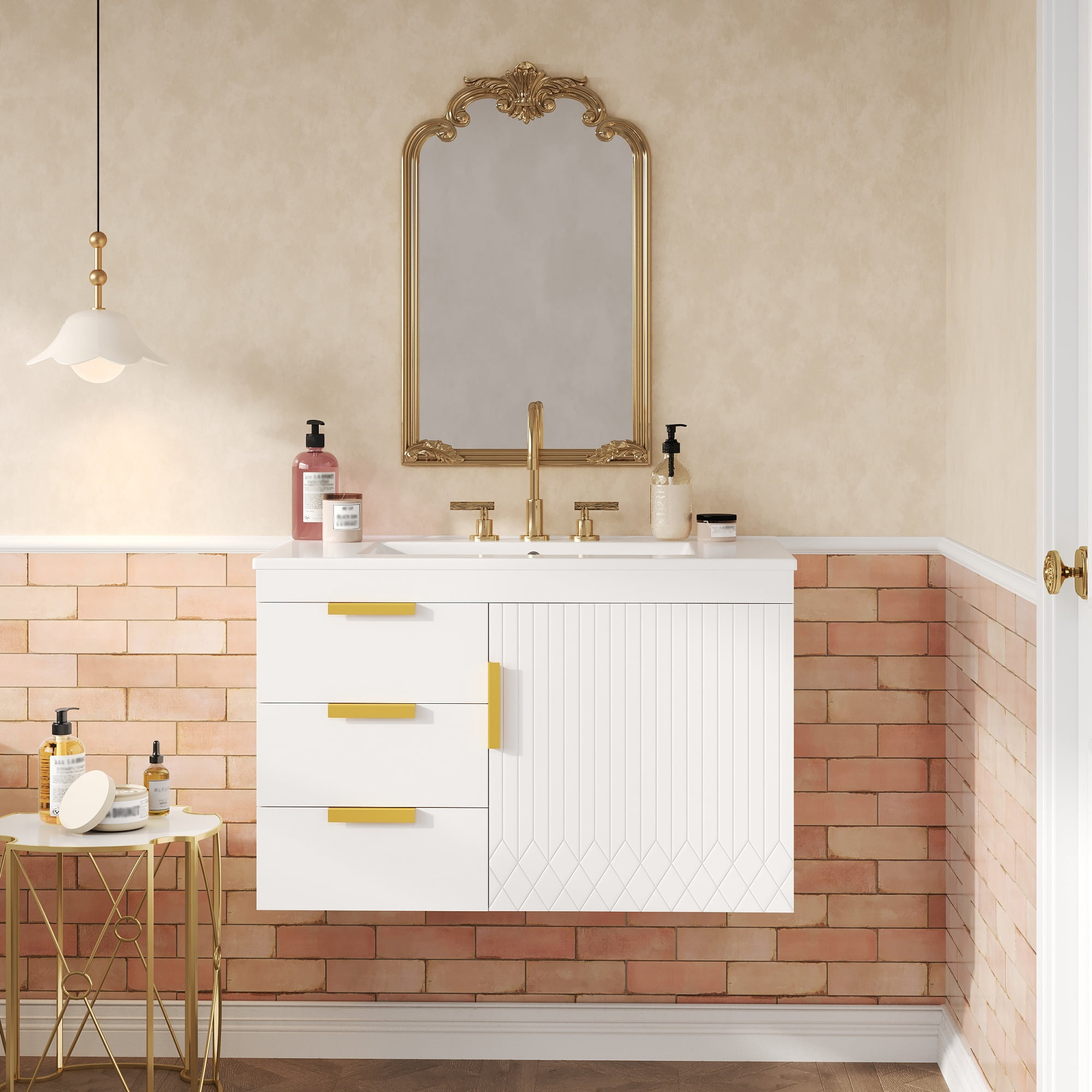 Euroco 30" Wall Mounted Bathroom Cabinet with Ceramic Basin Sink, Bathroom Cabinet with Soft-Closing Door and Drawers, Modern Bathroom Vanity with Sink