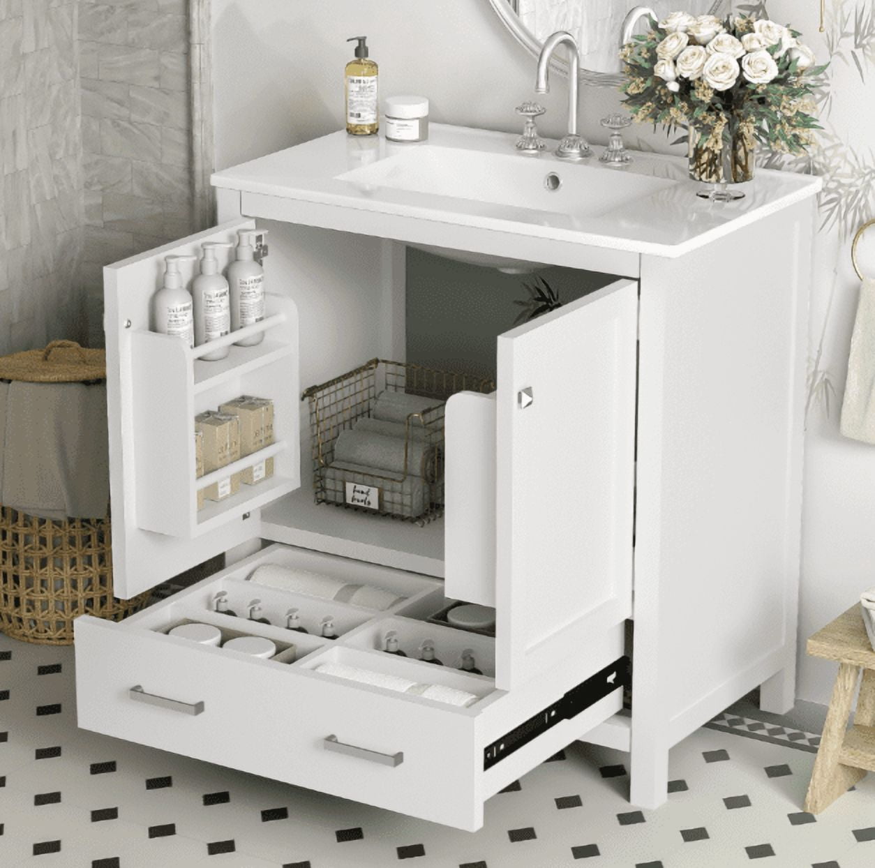 Euroco 30" White Bathroom Vanity with Single Sink, Combo Cabinet Undermount Sink, Bathroom Storage Cabinet with 2 Doors and a Drawer, Soft Closing, Multifunctional Storage, Solid Wood Frame