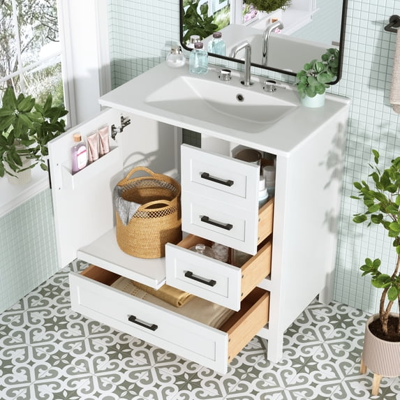 Euroco 30" White Bathroom Vanity with Sink Combination Set, Bathroom Storage Cabinet with Soft Close Door, 3 Soft Close Drawers and Removable Tray, Solid Wood Frame