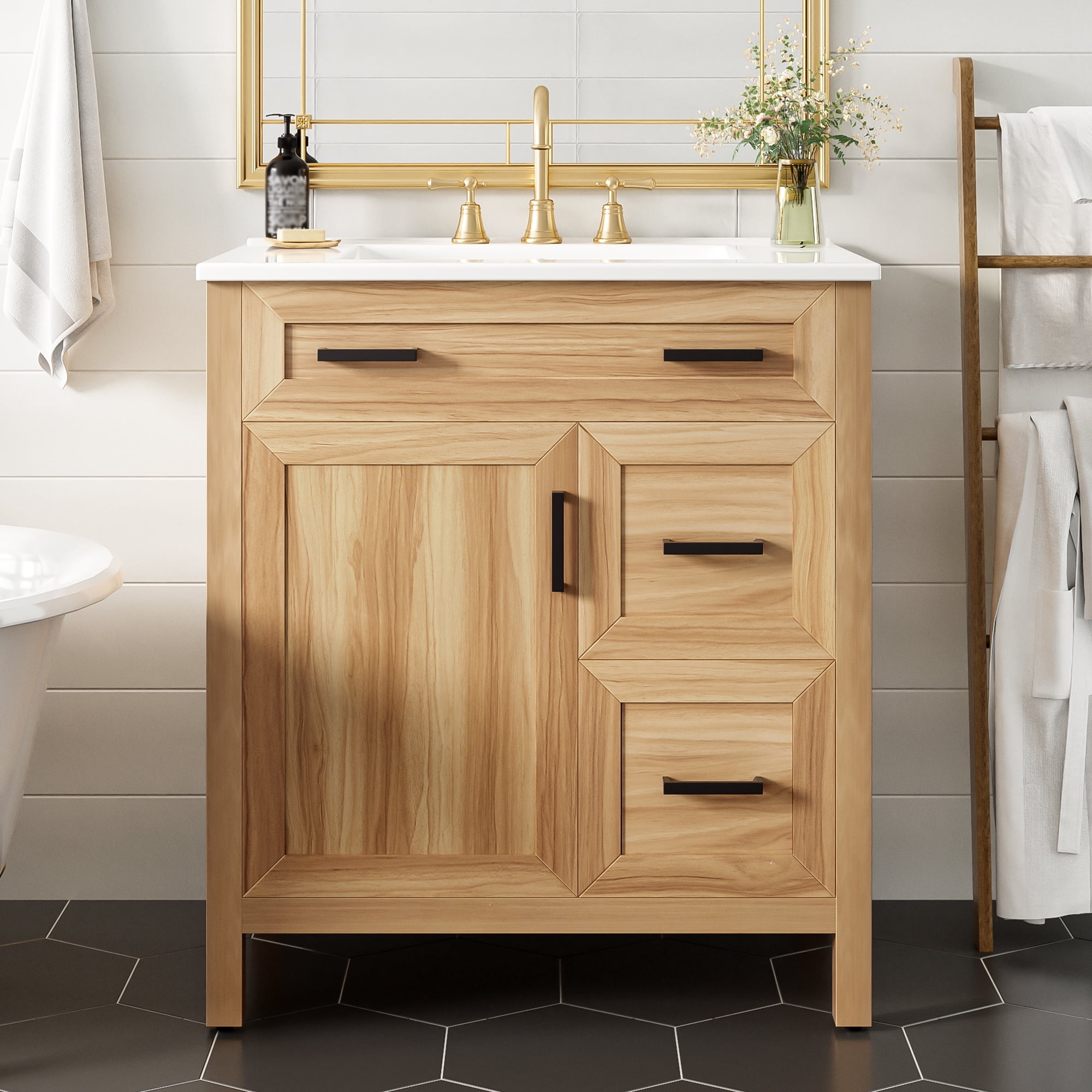 Euroco 30" Wood Bathroom Vanity with Solid Wood Frame, 1 Soft Close Doors, 2 Soft Close Drawers, Adjustable Shelf, Modern Storage Cabinet
