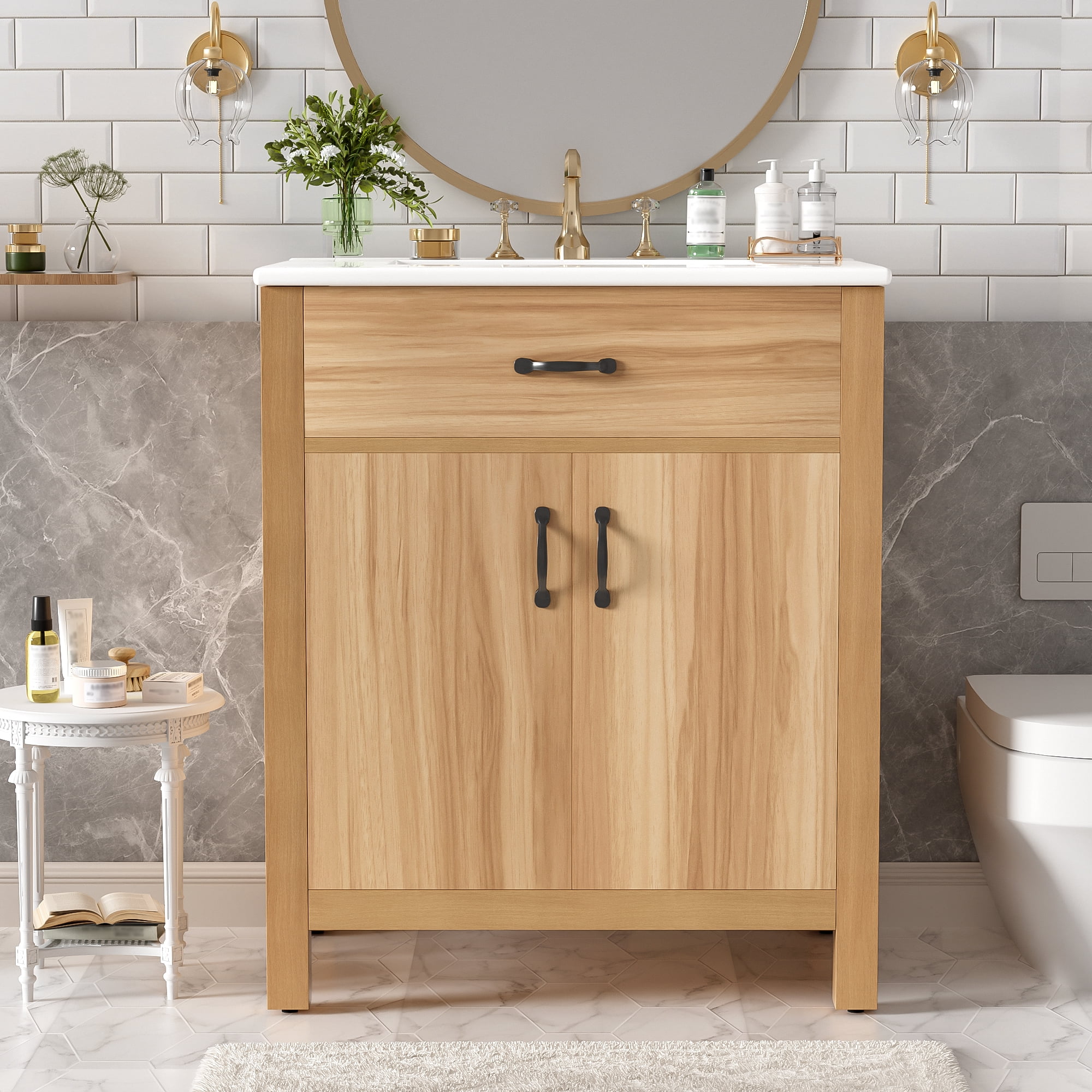 Euroco 30" Wood Bathroom Vanity with Solid Wood Frame, 2 Soft Close Doors,1 Flip Drawer, Adjustable Shelf, Modern Storage Cabinet