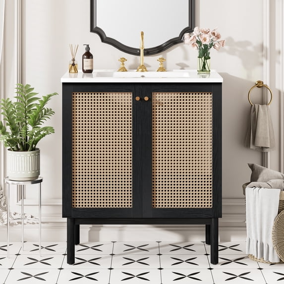 Euroco 30-inch bathroom vanity crafted from natural materials, featuring handmade rattan doors and soft-closing mechanisms
