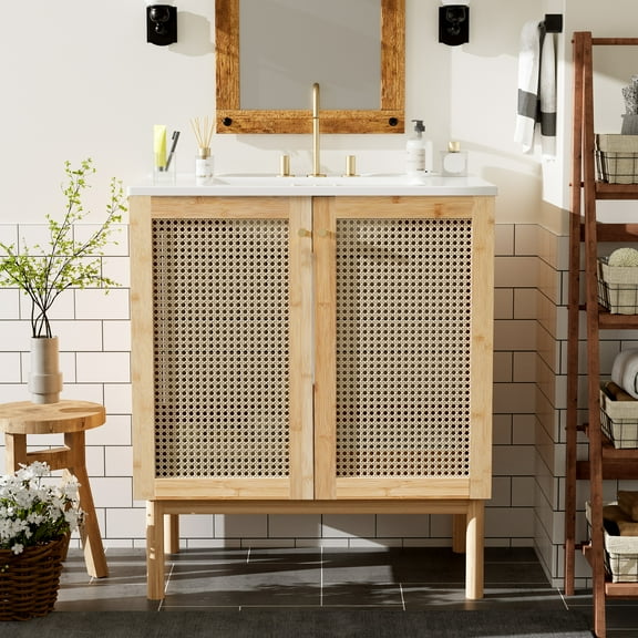 Euroco 30-inch bathroom vanity crafted from natural materials, featuring handmade rattan doors and soft-closing mechanisms