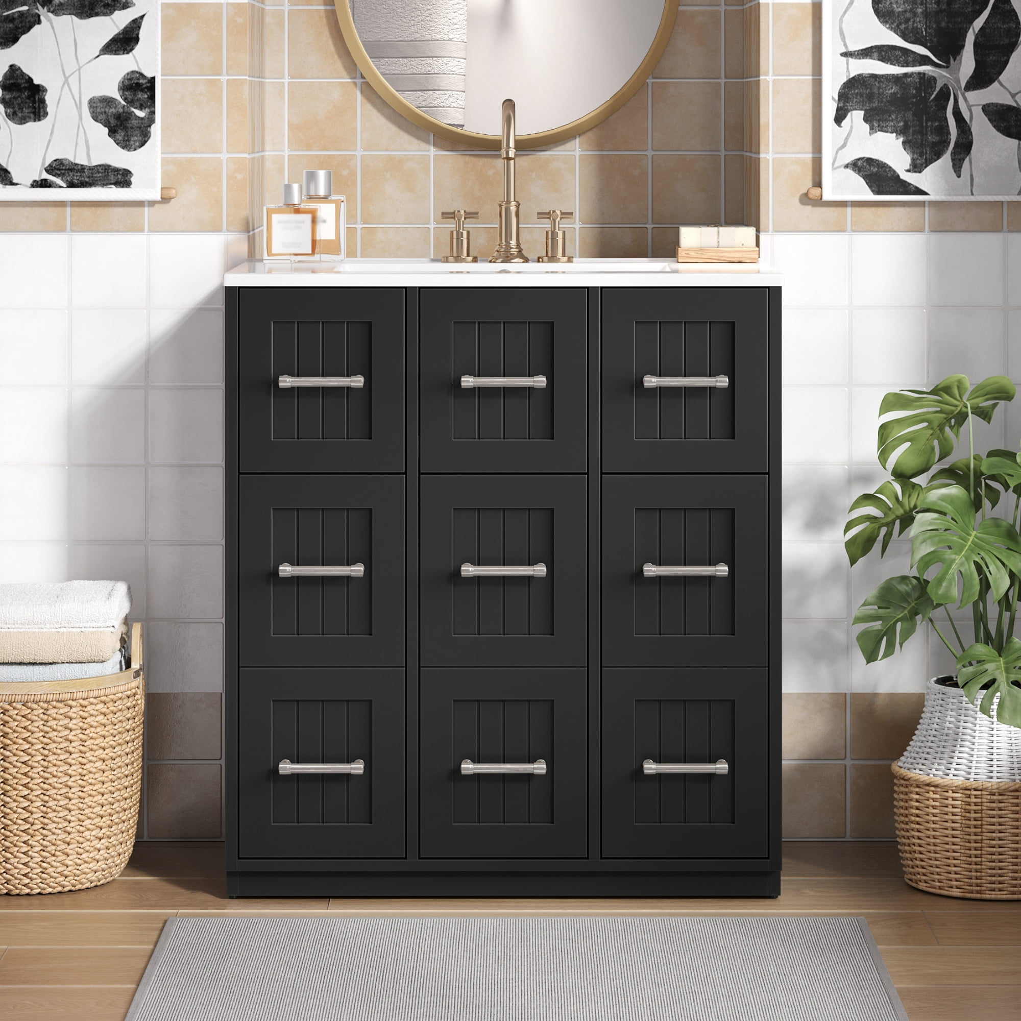 Euroco 30inch Bathroom Vanity with Undermount Sink and Drawers, Painted Surface, Soft-Close Doors, Bathroom Cabinet with Tip-Out Drawer