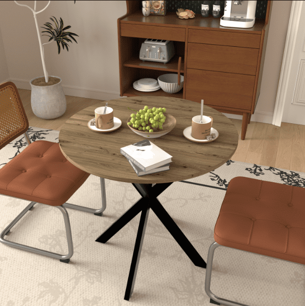 Euroco 31.5 Inch Round Dining Table, Small Circle Kitchen Table with Metal Black Legs for 2-4 people,Modern Dining Room Table, Brown (only table)