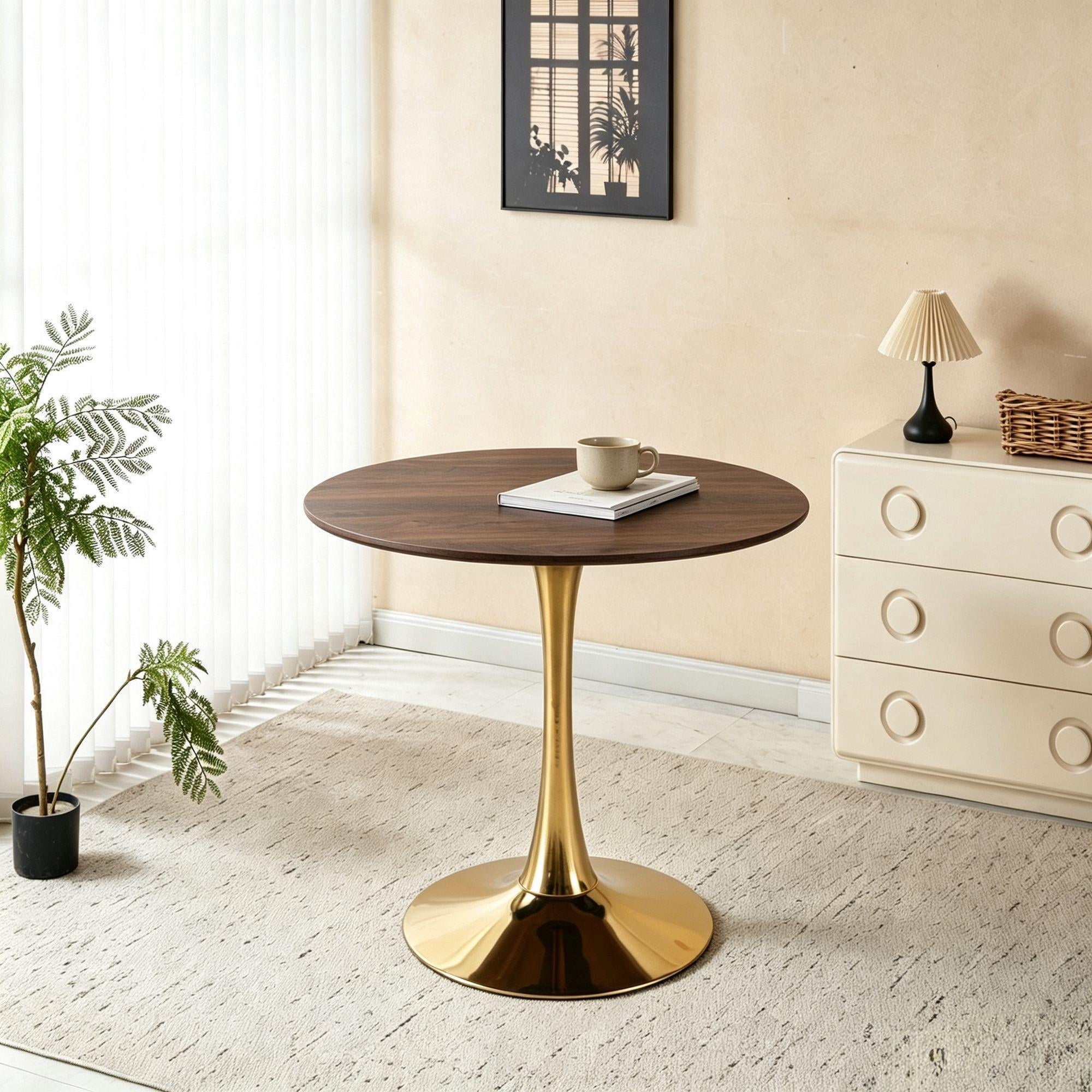Euroco 31.5" Round Dinning Table for 4,Modern Kitchen Table with Metal Pedestal Base & Tulip Design for Dining, Tea & Lounge,Sturdy Base,Walnut