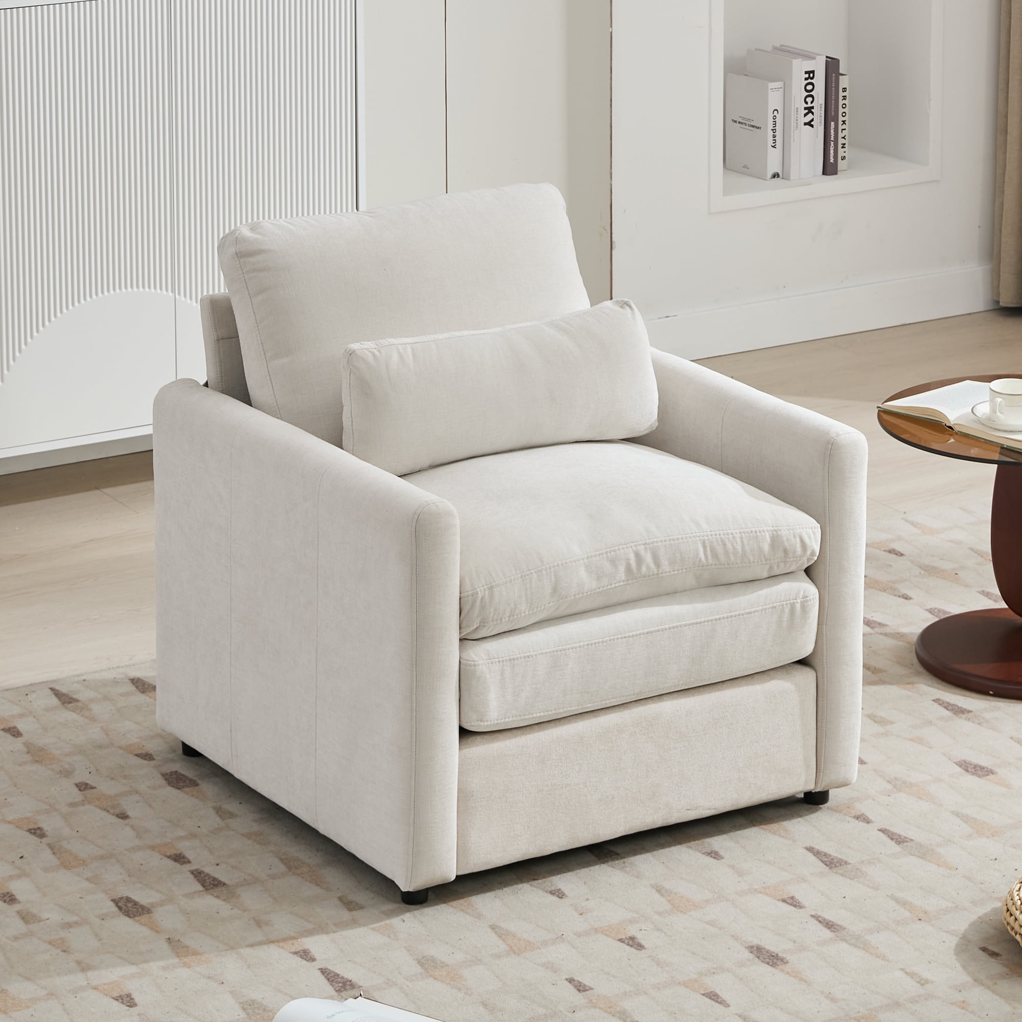 Euroco 31.9" Cozy Upholstered Armchair Oversized Comfy Cloud Sofa Double Cushion Single Sofa Plush Cushion Armchair for Living Room, Beige