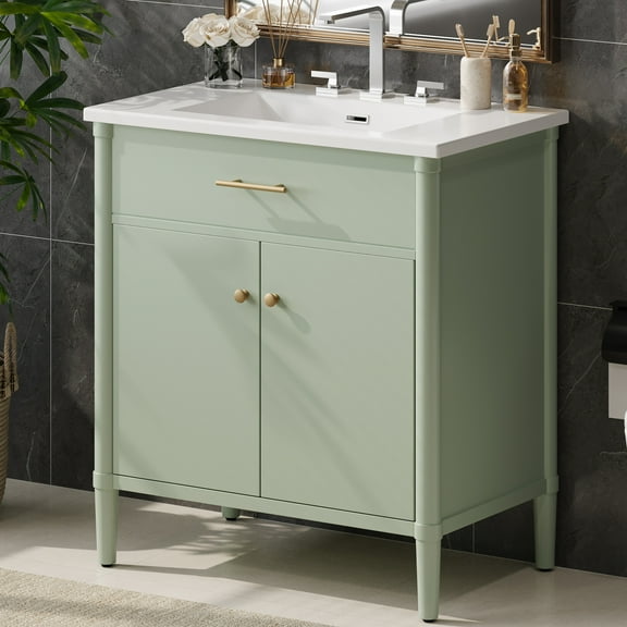 Euroco 31" Bathroom Vanity with Sink, Bathroom Cabinet with Soft Close Doors and Adjustable Shelf, Curved Profile Design, Rubber Wood Legs, Green